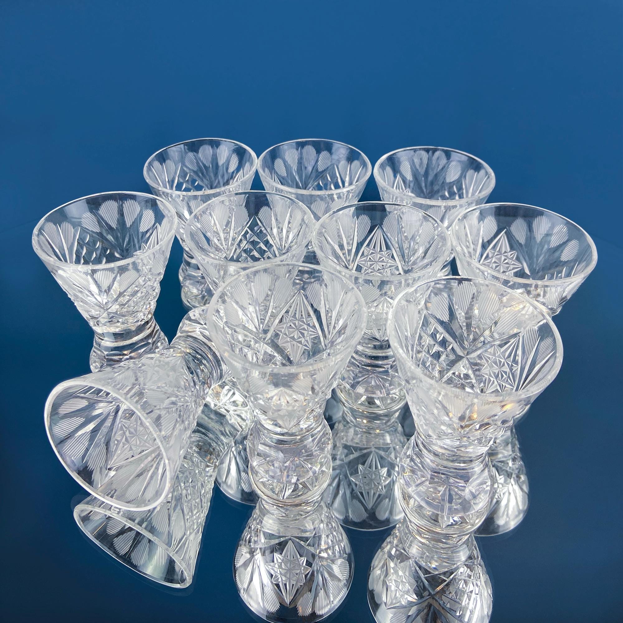 Vintage Bohemian Crystal Stemmed Shot Glasses, Set of 10