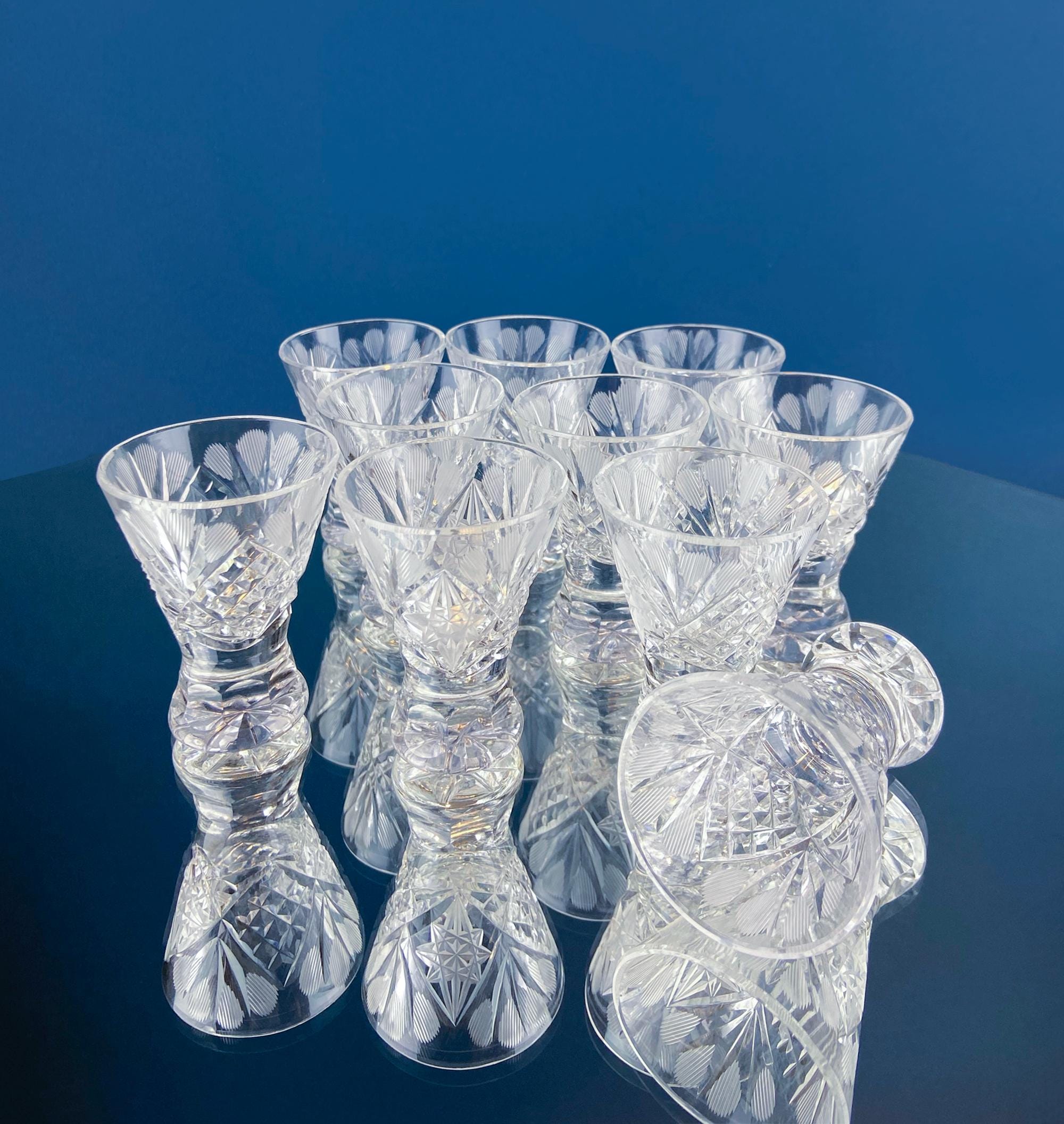 Vintage Bohemian Crystal Stemmed Shot Glasses, Set of 10