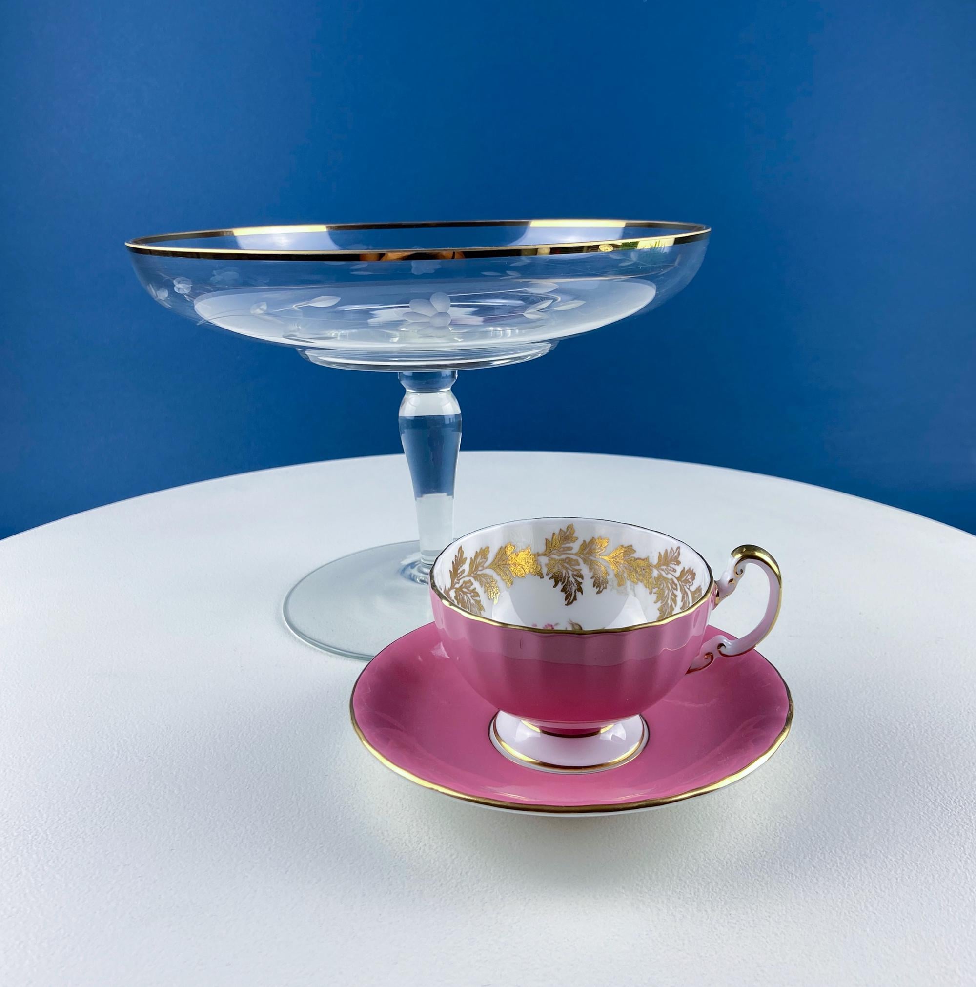 Vintage Etched Glass Compote with Gold Rim. Delicate Leaf Design. Footed Serving Dish for Candy, Cupcakes, Nuts, or Fruit. Dining Room Decor