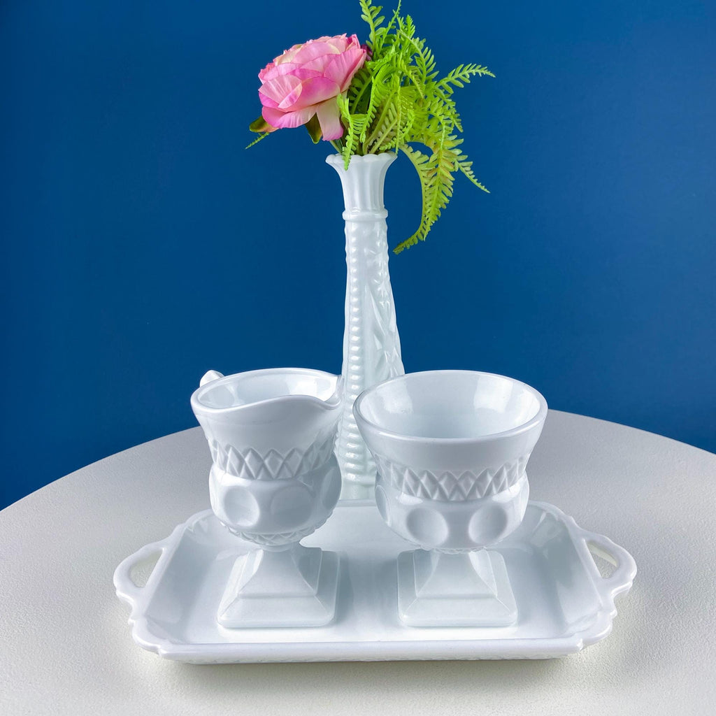 Fenton Milk Glass Sugar Bowl & Creamer on Matching Tray – Thumbprint Pattern