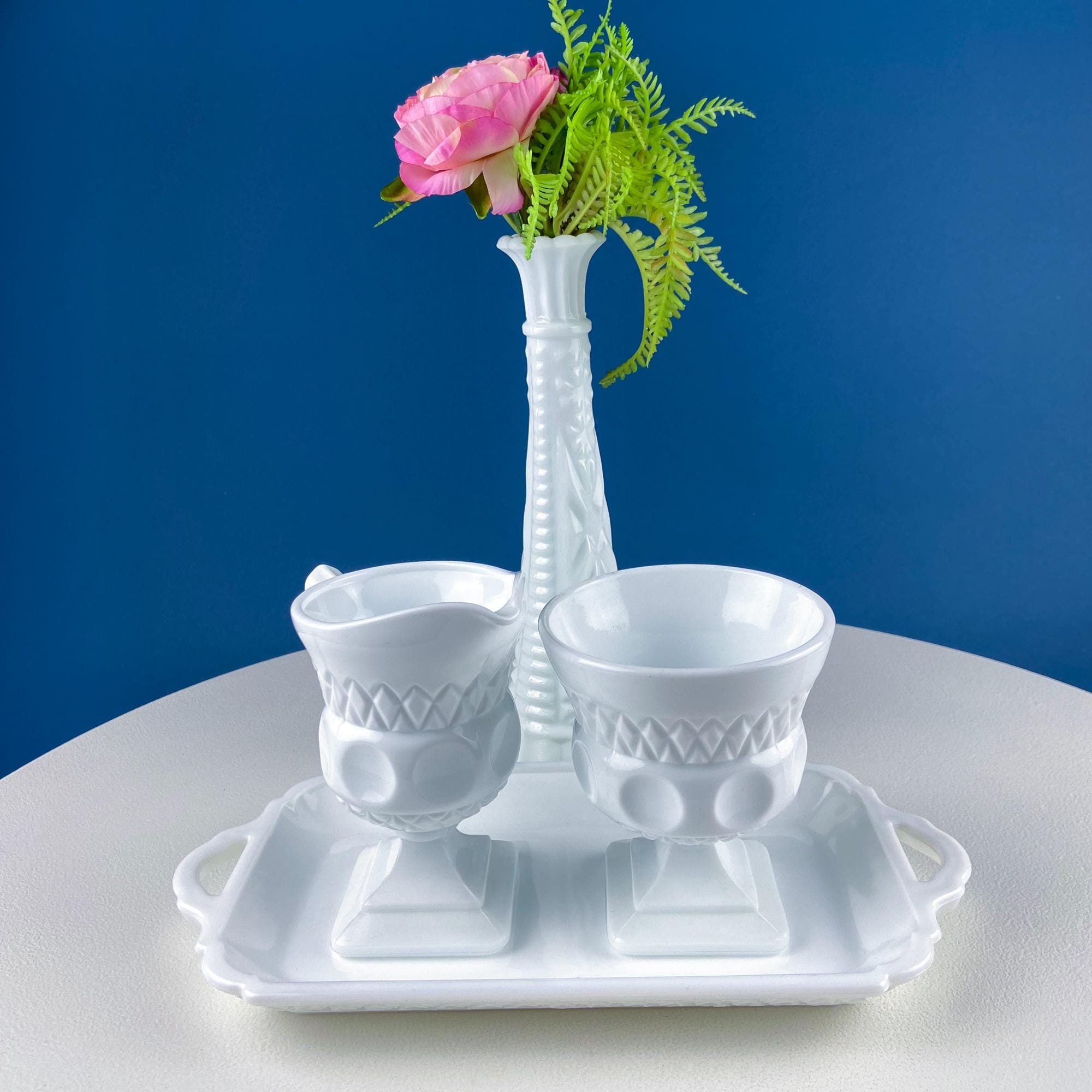 Fenton Milk Glass Sugar Bowl & Creamer on Matching Tray – Thumbprint Pattern