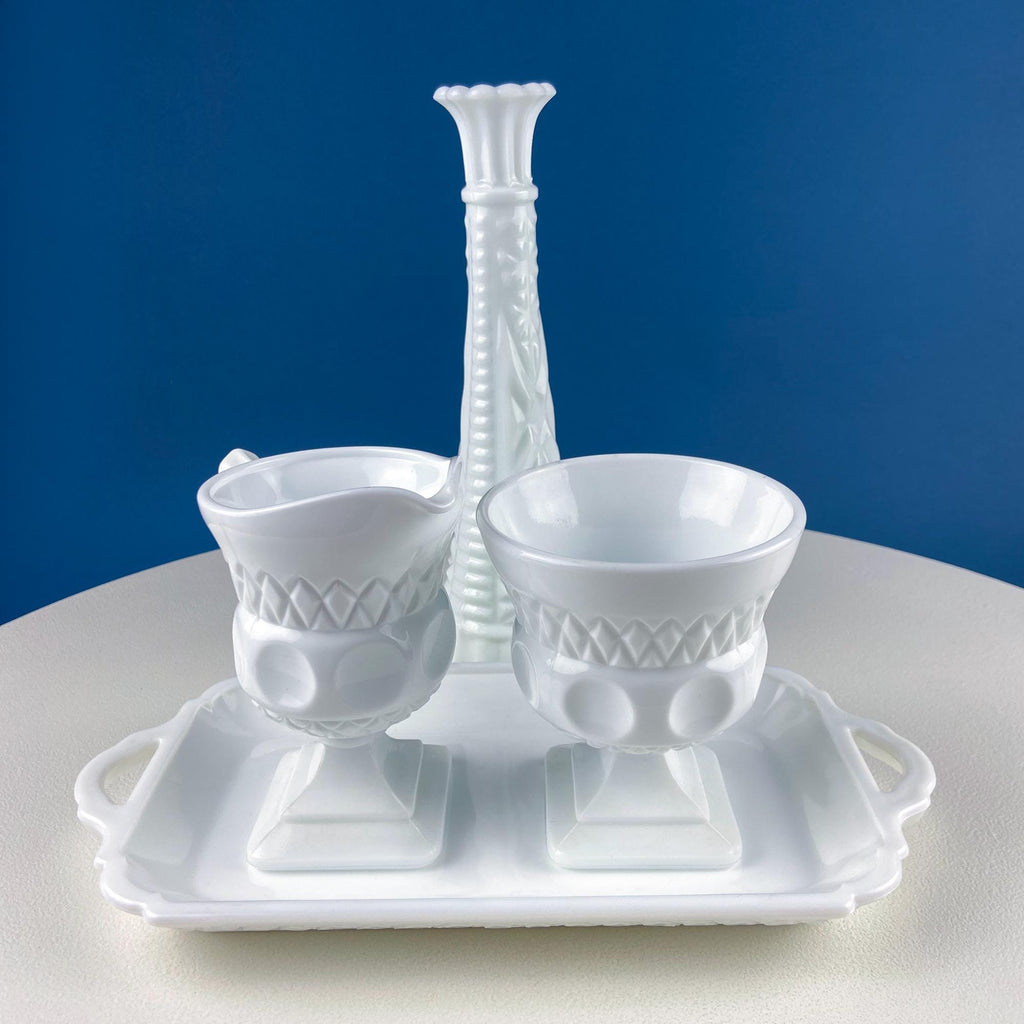 Fenton Milk Glass Sugar Bowl & Creamer on Matching Tray – Thumbprint Pattern