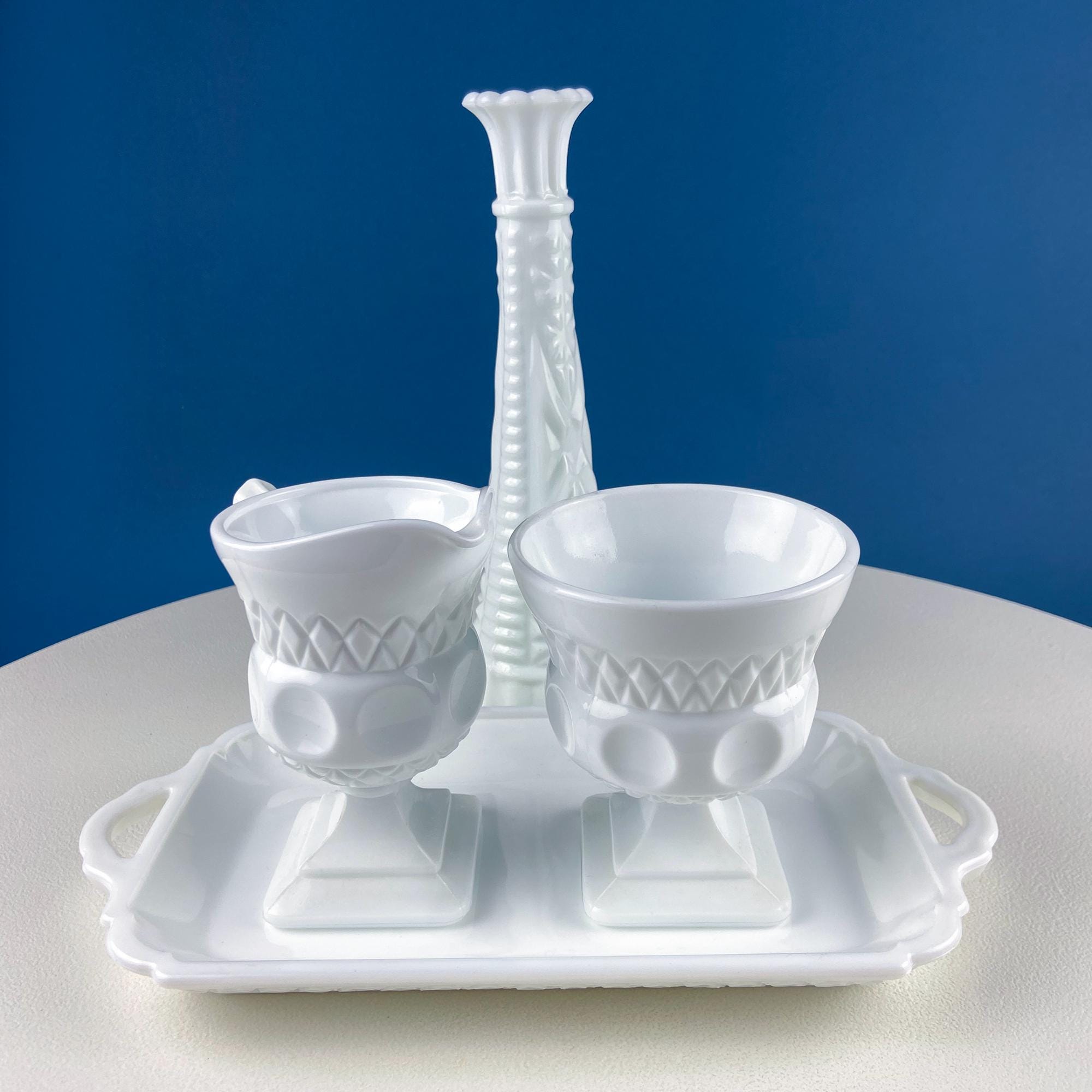 Fenton Milk Glass Sugar Bowl & Creamer on Matching Tray – Thumbprint Pattern