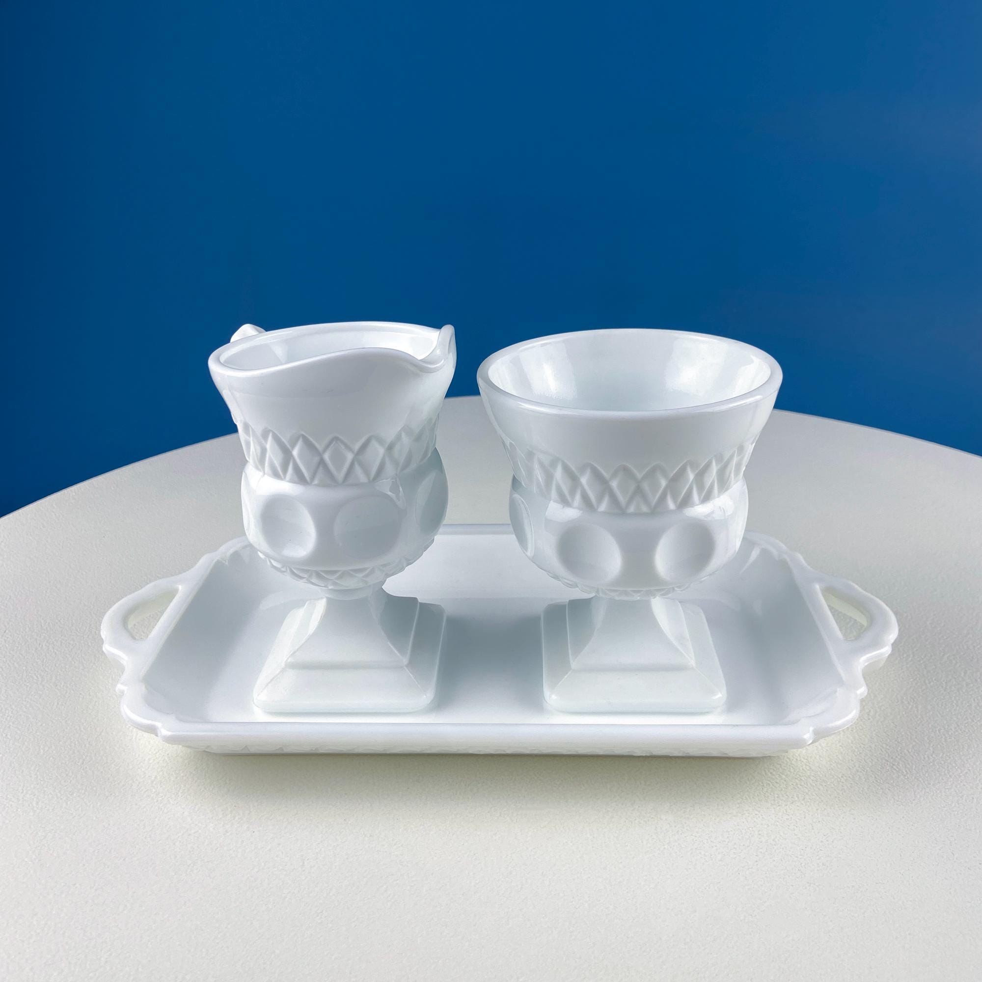 Fenton Milk Glass Sugar Bowl & Creamer on Matching Tray – Thumbprint Pattern