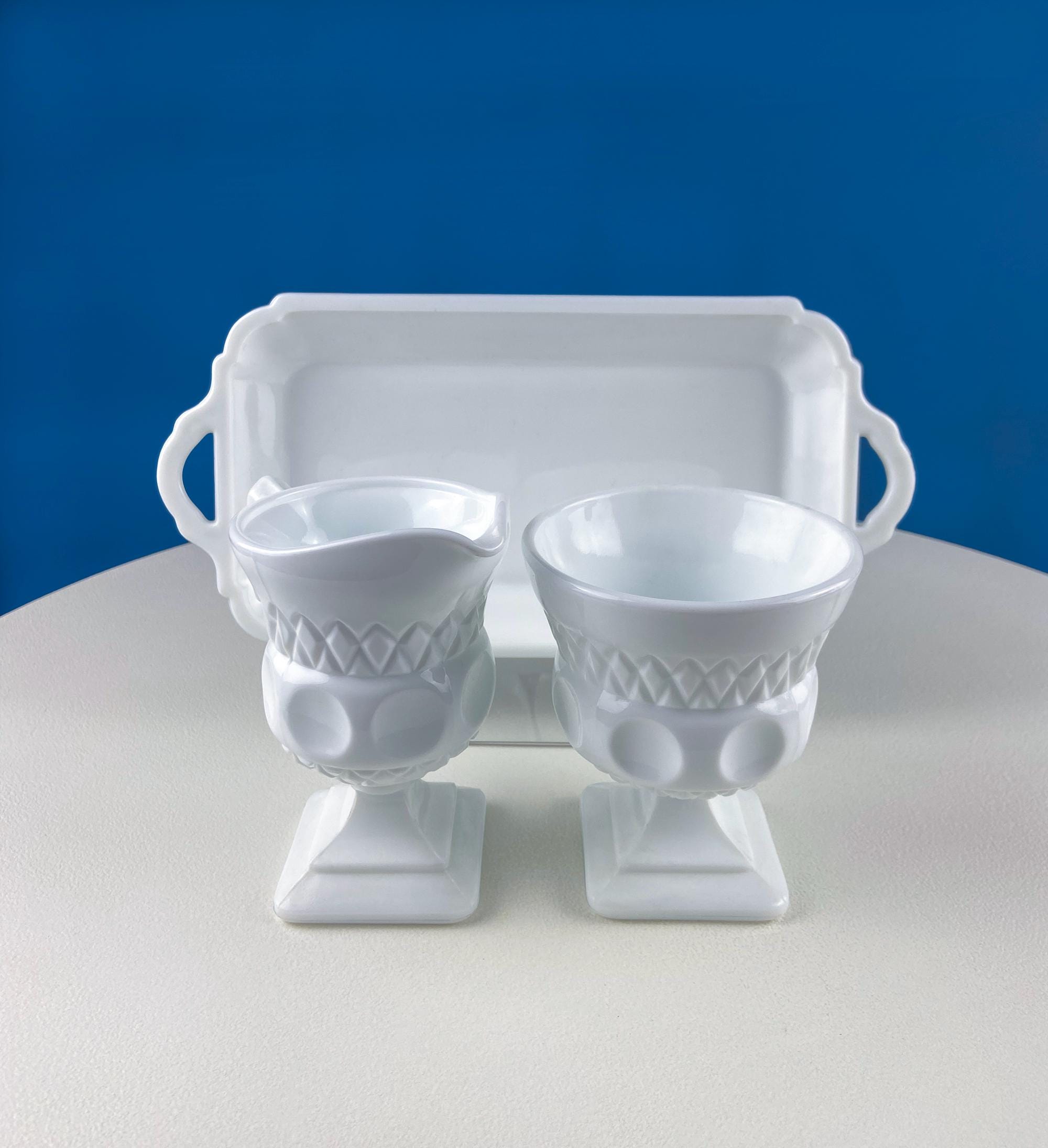 Fenton Milk Glass Sugar Bowl & Creamer on Matching Tray – Thumbprint Pattern