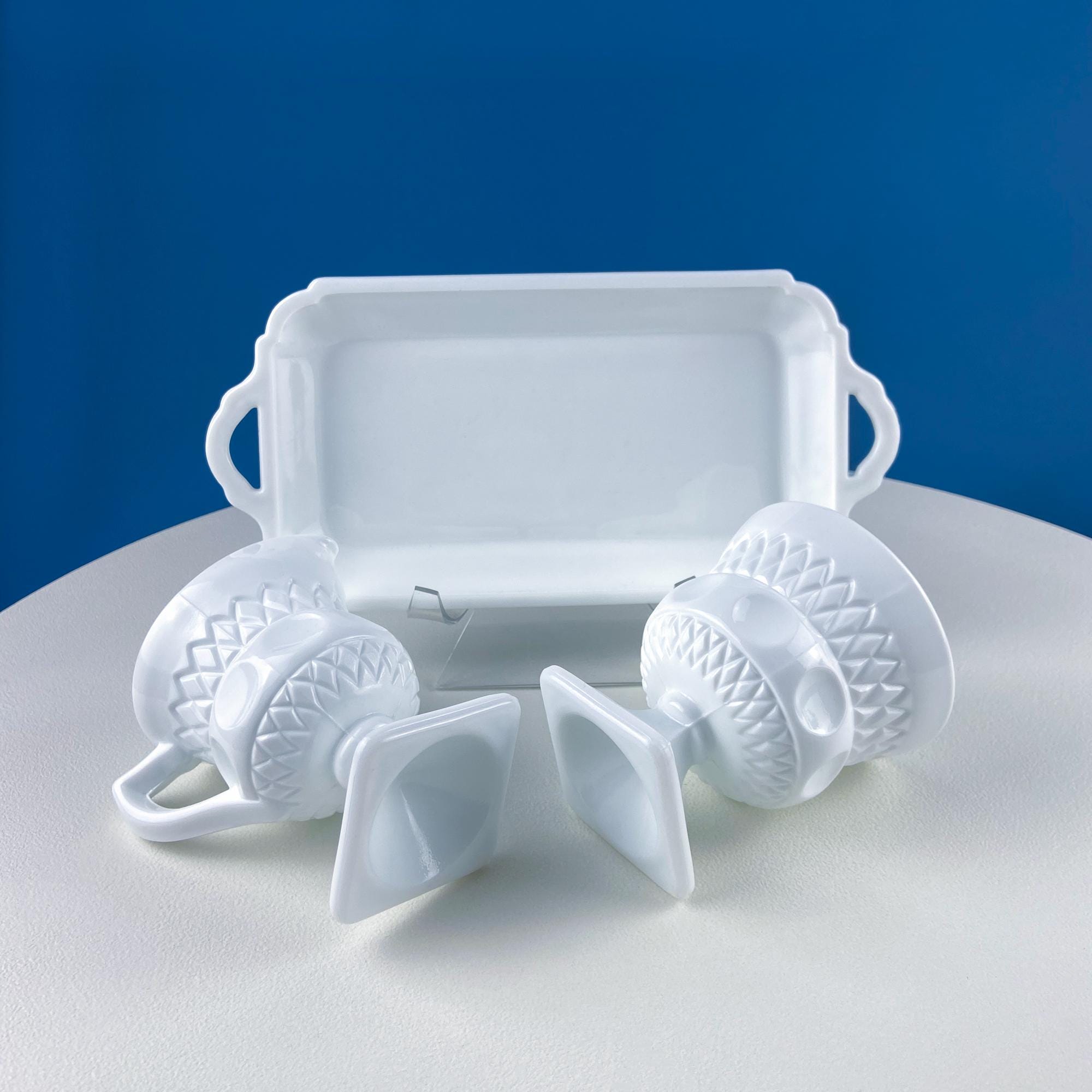 Fenton Milk Glass Sugar Bowl & Creamer on Matching Tray – Thumbprint Pattern