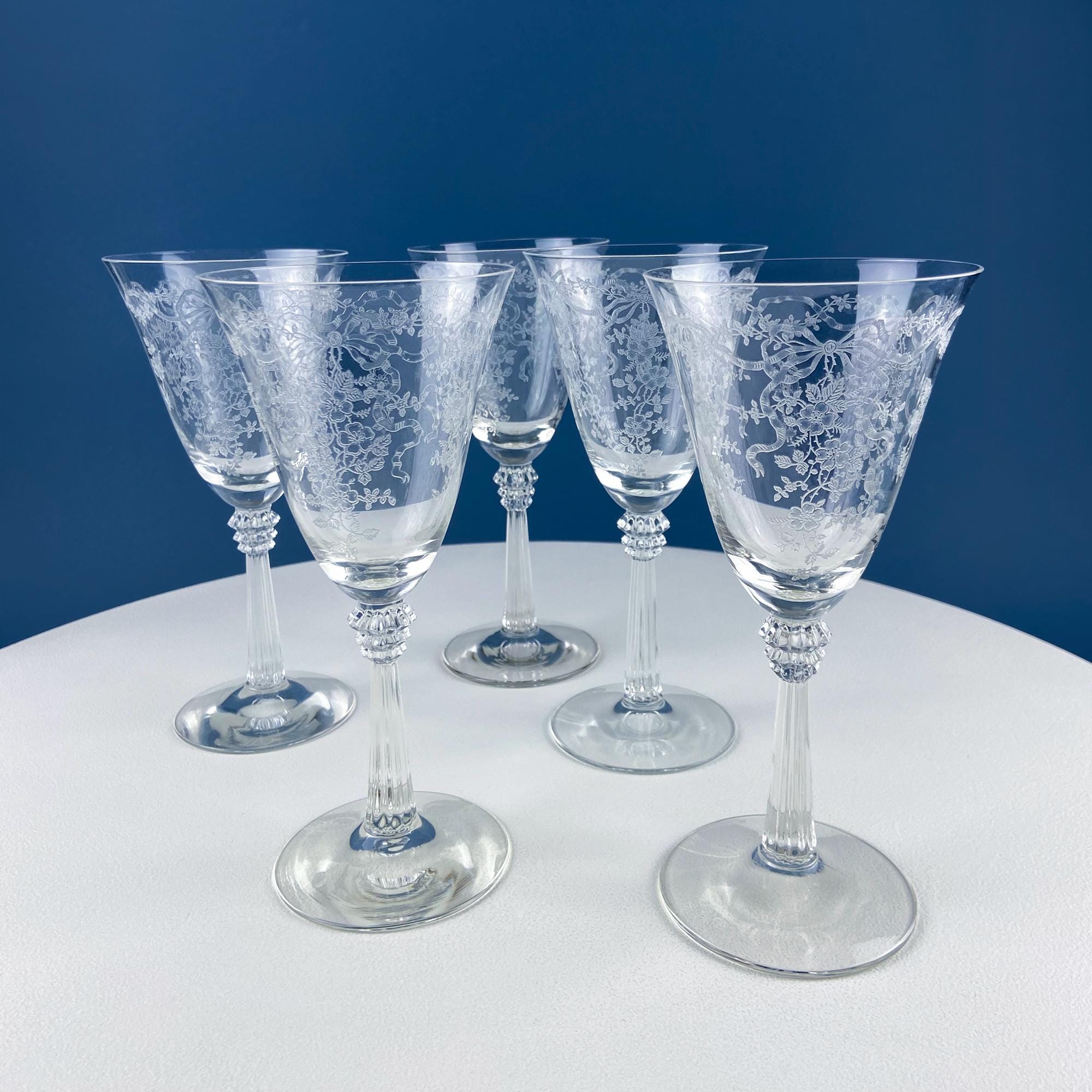 Vintage Fostoria Romance Crystal Wine Goblets. Set of 5 Etched Stemware. Tea Rose Garlands Motif. Dining Room Table Decor. Gift for Him Her.