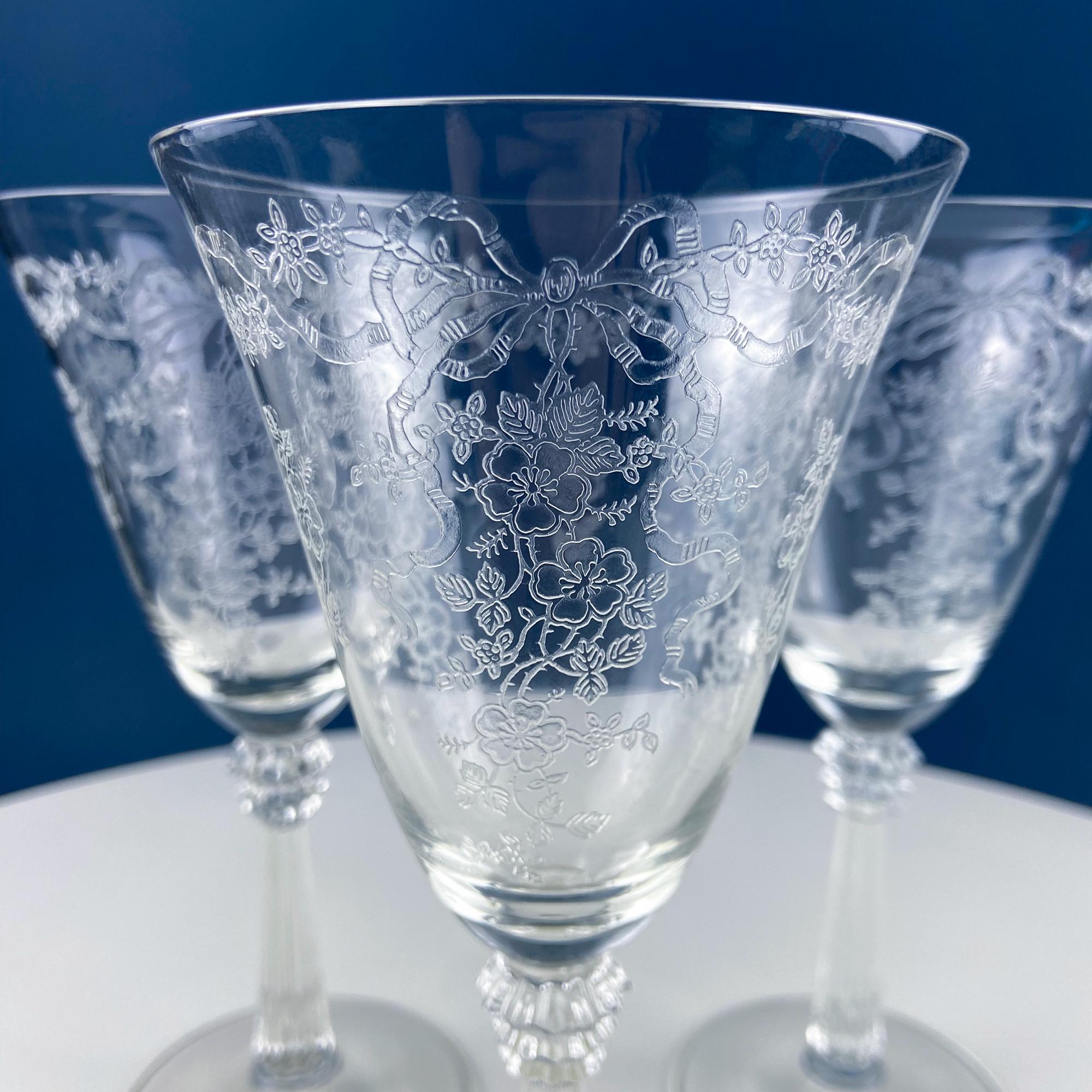 Vintage Fostoria Romance Crystal Wine Goblets. Set of 5 Etched Stemware. Tea Rose Garlands Motif. Dining Room Table Decor. Gift for Him Her.