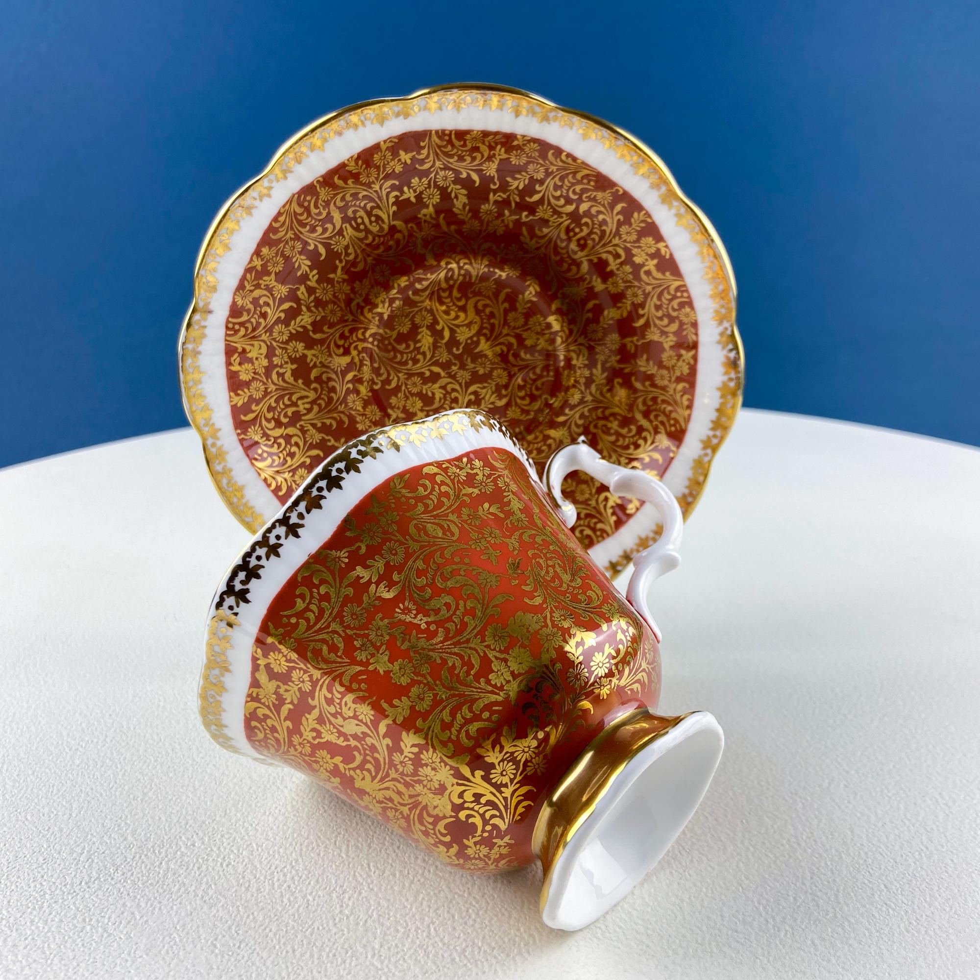 Vintage Royal Albert Brown & Gold Tea Coffee Cup and Saucer. All Over Flower Motif. Gold Leaf Border.  Buckingham Series. Hosting Essentials