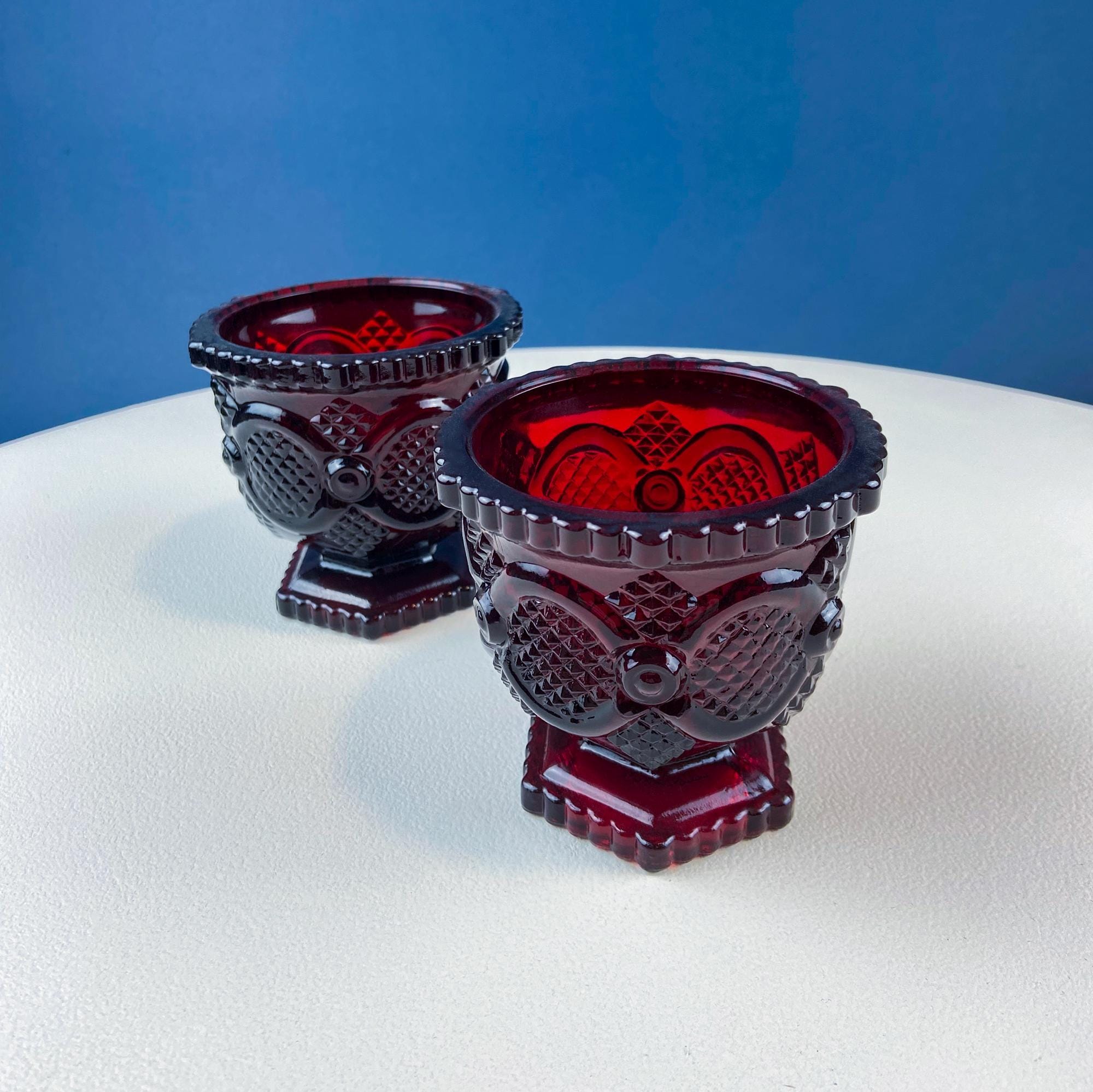 Vintage Ruby Red Avon Cape Cod Small Serving Bowls Cups. Set of 2. Pressed or "Sandwich" Glass, Roman Rosette Pattern. Dining Room Decor.