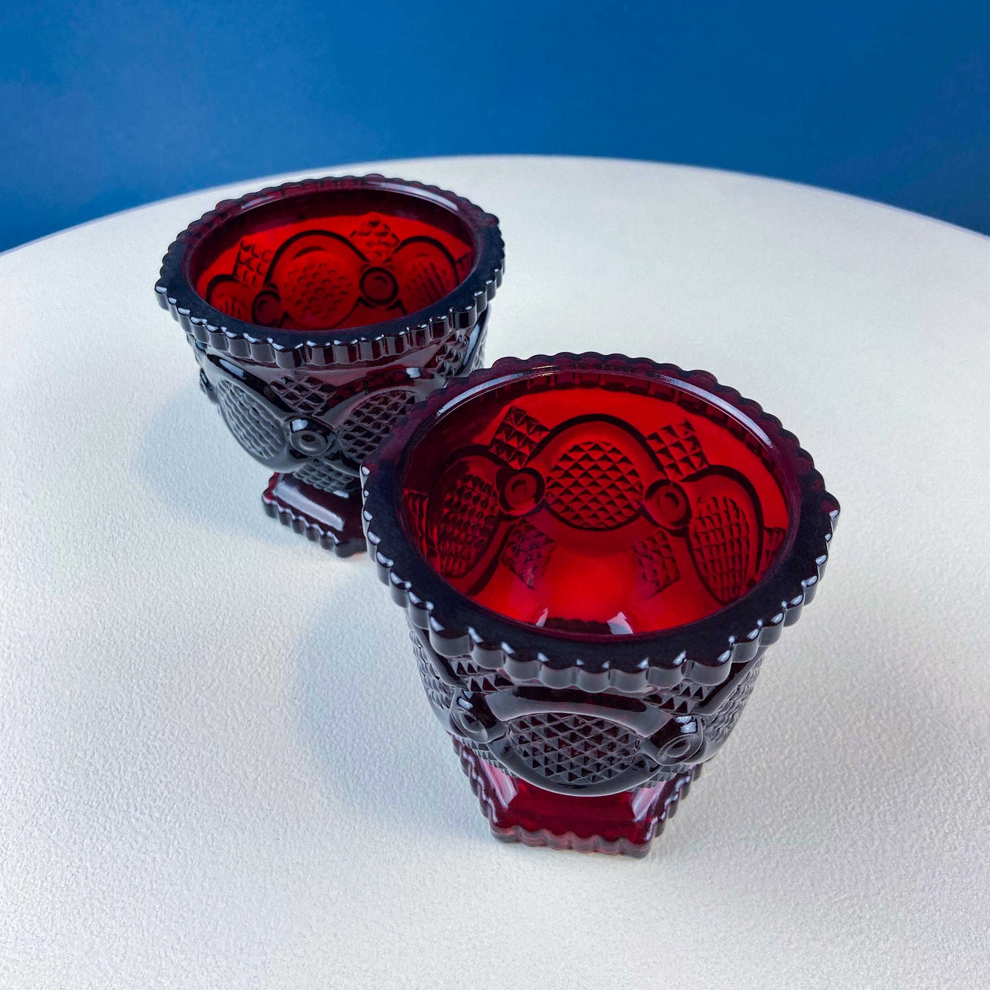 Vintage Ruby Red Avon Cape Cod Small Serving Bowls Cups. Set of 2. Pressed or "Sandwich" Glass, Roman Rosette Pattern. Dining Room Decor.