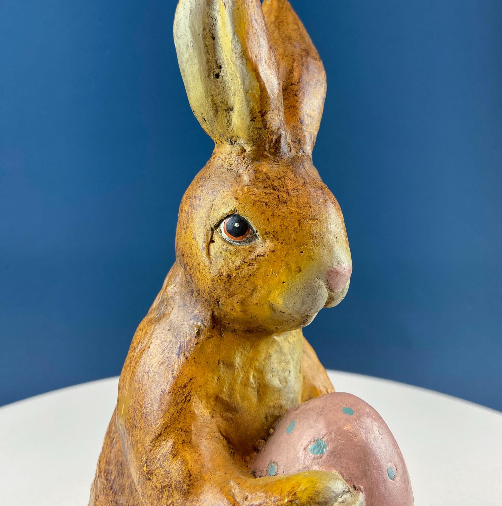 Vintage Rustic Brown Bunny with Pink Egg Figurine. Easter Display. Spring Celebration. Modern Farmhouse. Kids Room. Dining Table Room Decor.