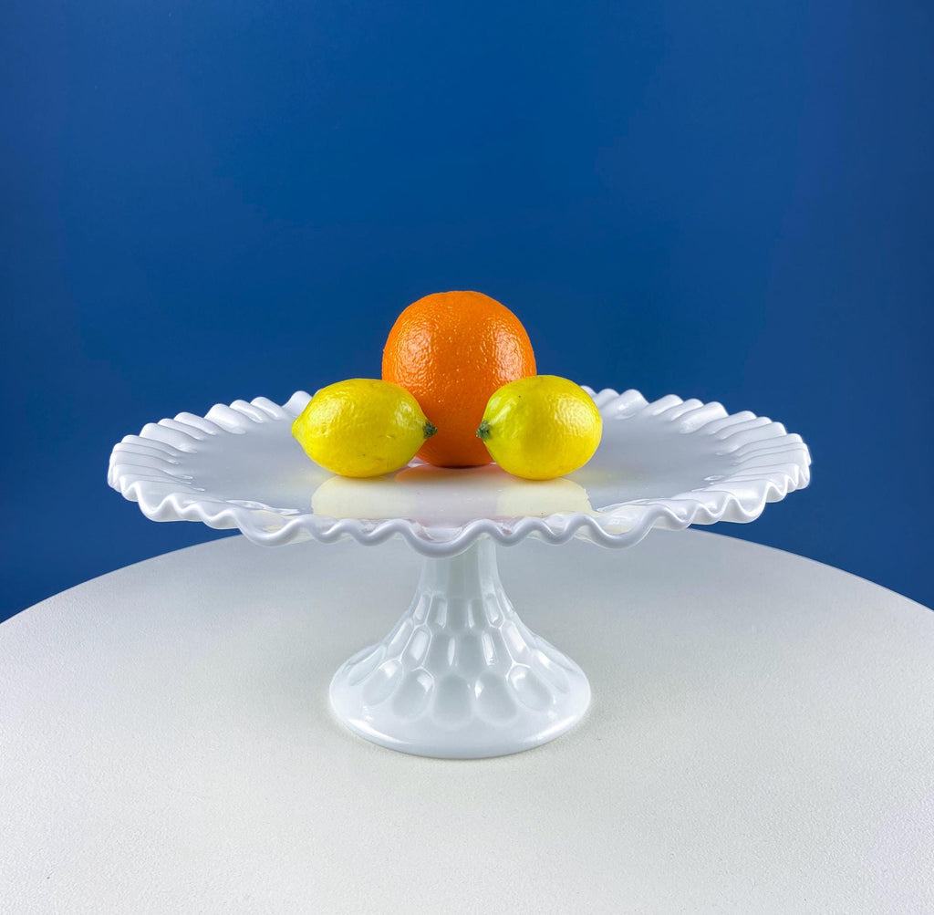 Vintage Thumb Print Milk Glass Cake Stand. White 12" Cake Serving Platter with Ruffled Edge. Wedding Birthday Holiday Celebration.