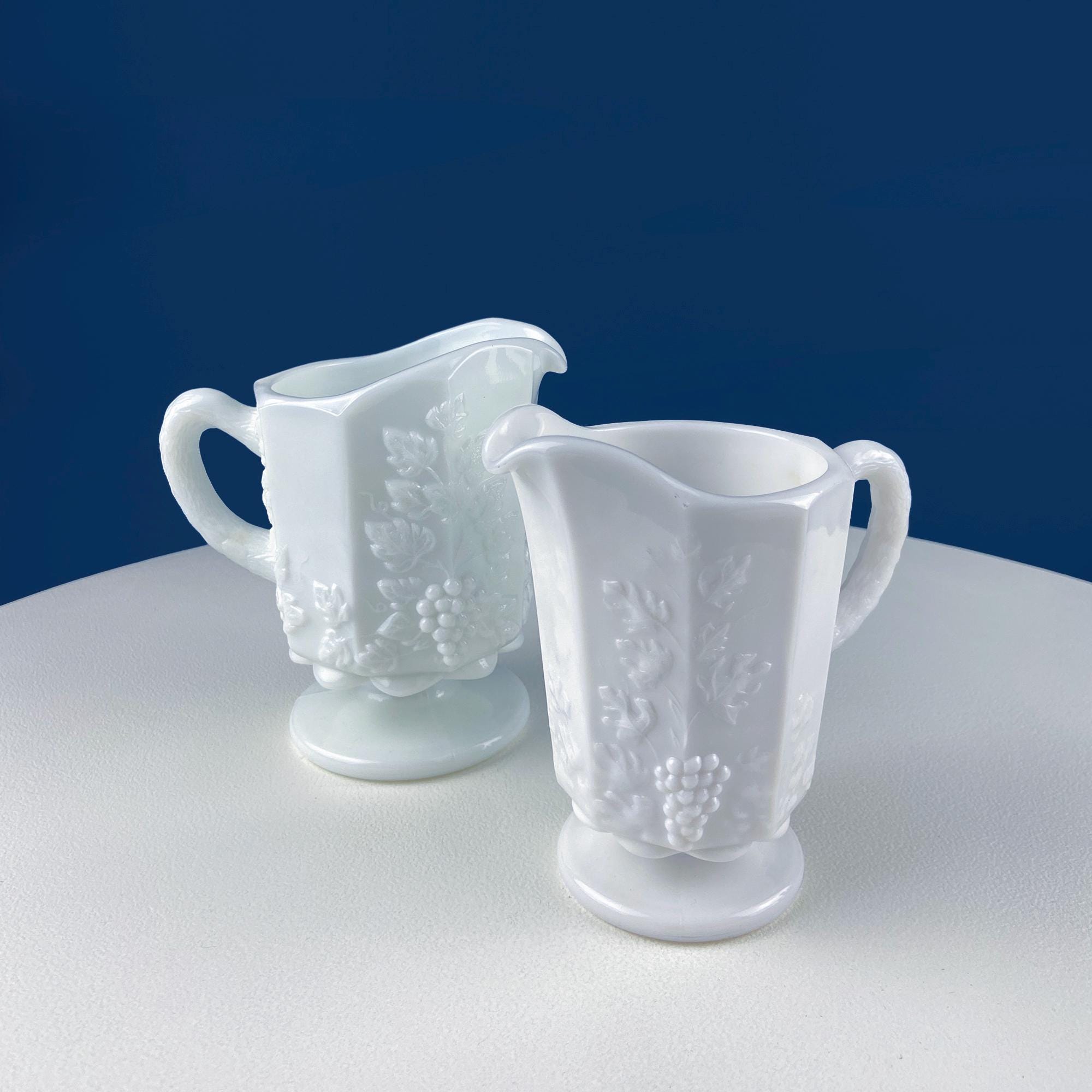 Vintage Westmoreland Milk Glass Pitchers with Vine & Grape Motif. 2 White Creamers.  Dining Room Table Decor. Serveware. Gift for Him or Her