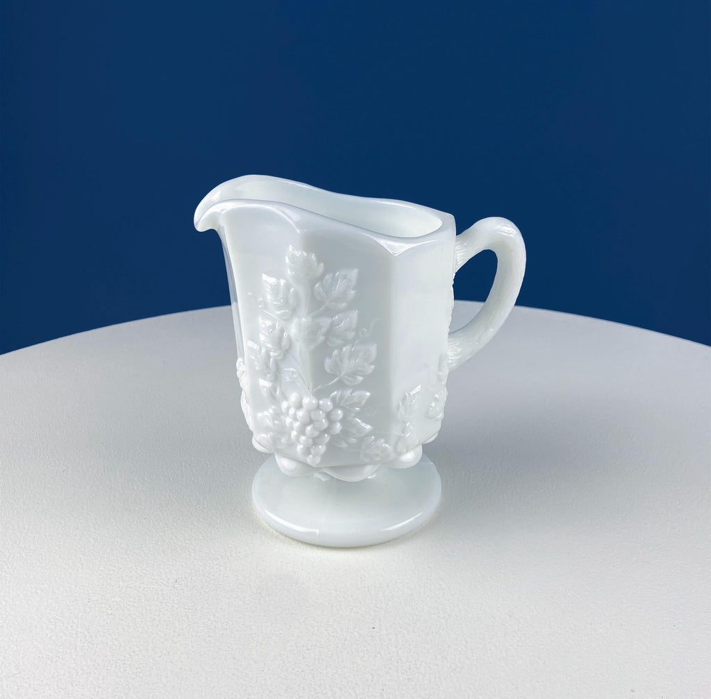 Vintage Westmoreland Milk Glass Pitchers with Vine & Grape Motif. 2 White Creamers.  Dining Room Table Decor. Serveware. Gift for Him or Her