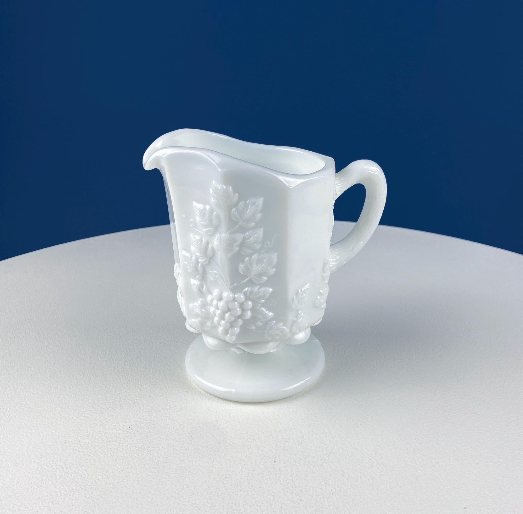 Vintage Westmoreland Milk Glass Pitchers with Vine & Grape Motif. 2 White Creamers.  Dining Room Table Decor. Serveware. Gift for Him or Her