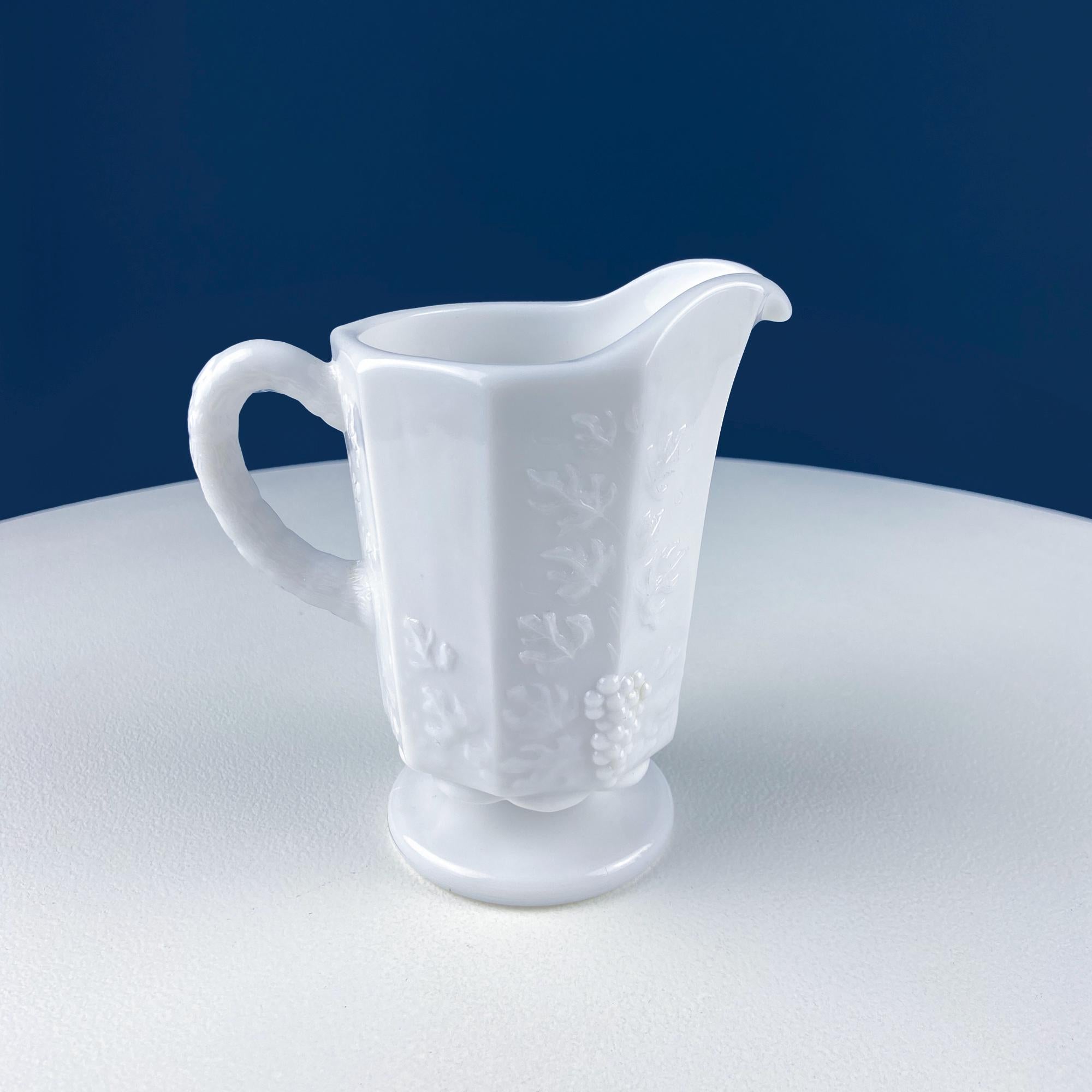 Vintage Westmoreland Milk Glass Pitchers with Vine & Grape Motif. 2 White Creamers.  Dining Room Table Decor. Serveware. Gift for Him or Her