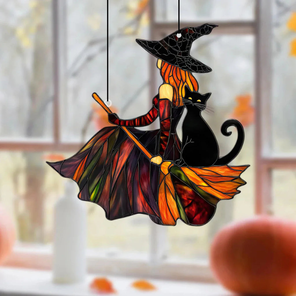 Autumn Witch Black Cat Sun Catcher