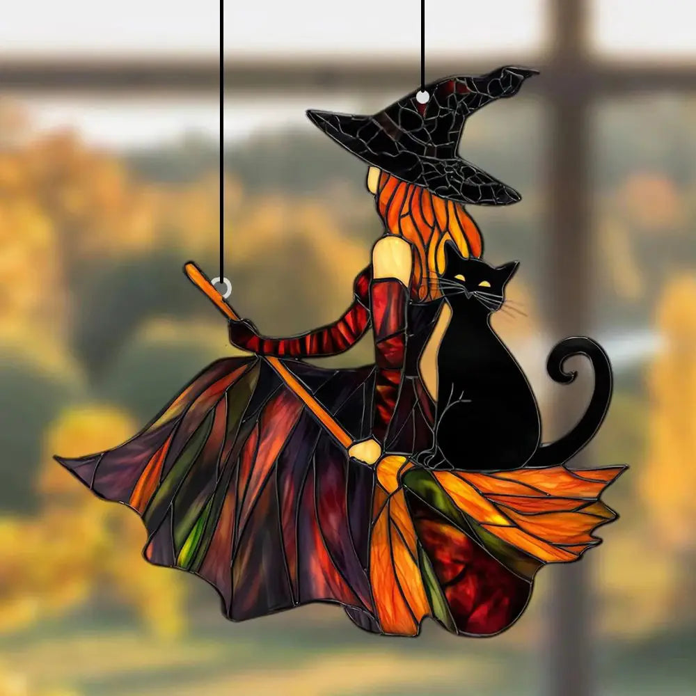 Autumn Witch Black Cat Sun Catcher
