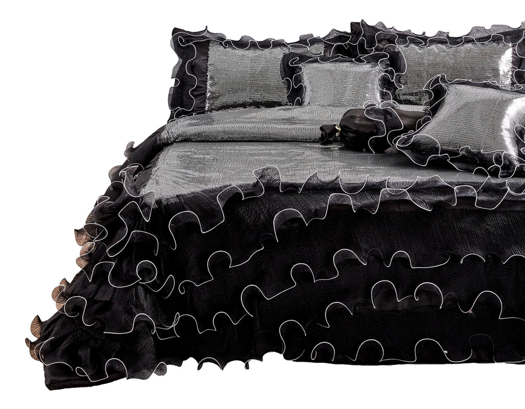 Silver Sequin Black Organza Ruffle Comforter Set