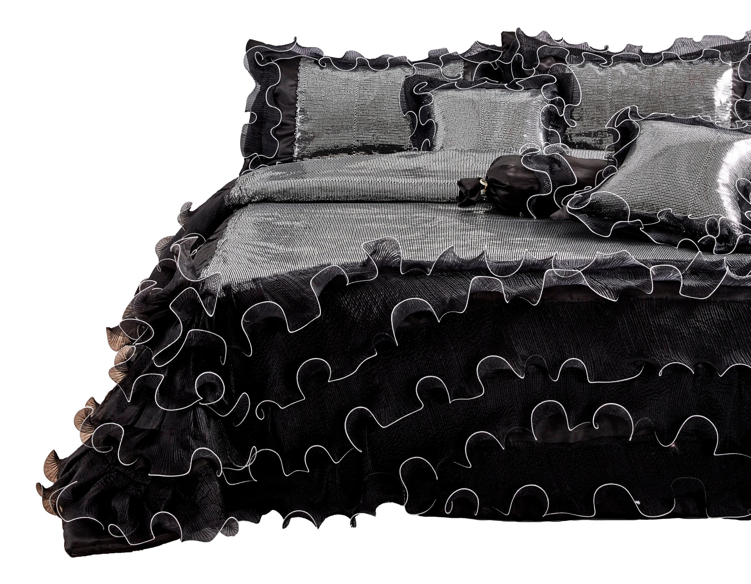 Silver Sequin Black Organza Ruffle Comforter Set