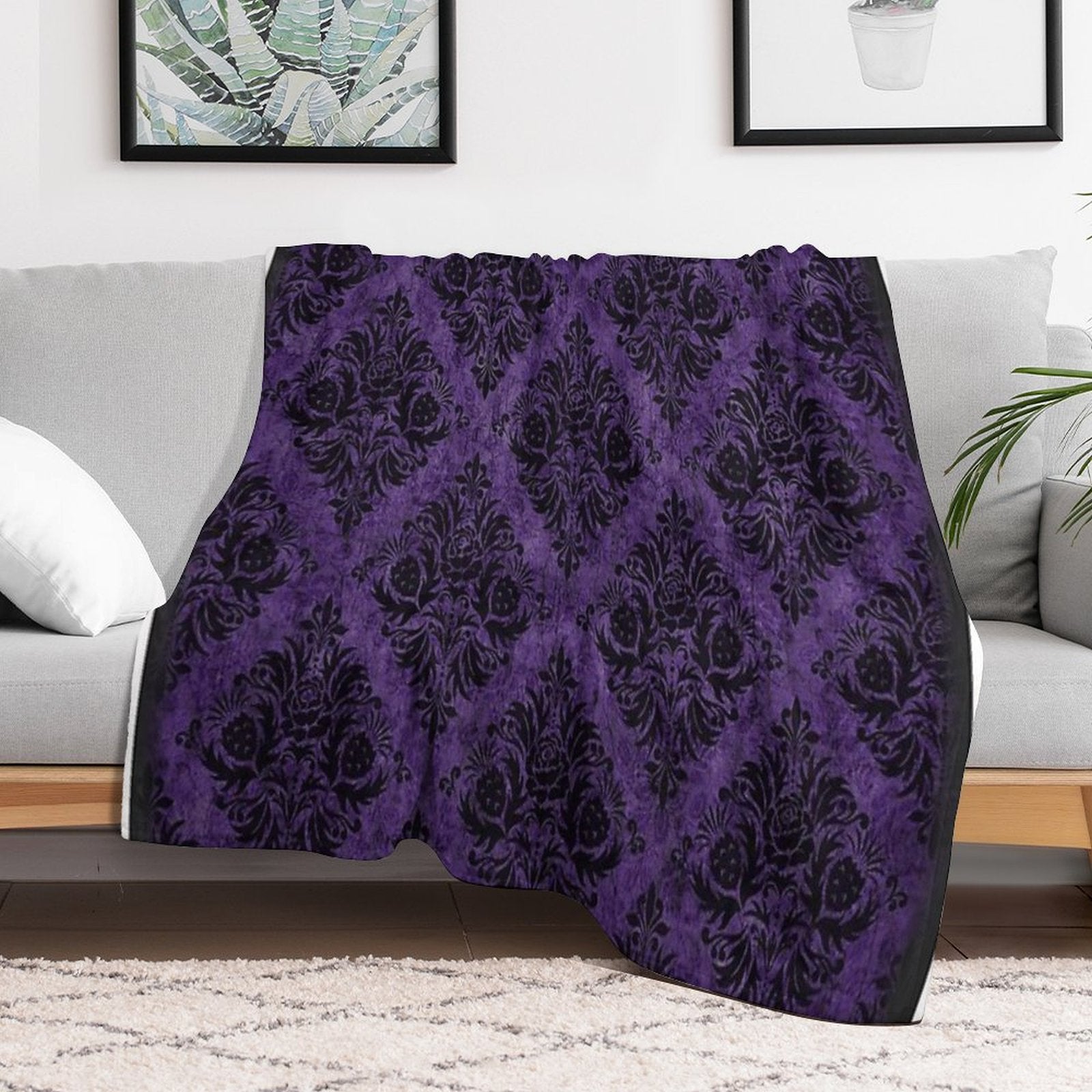 Throw Blanket -Gothic Damask in Purple and Black