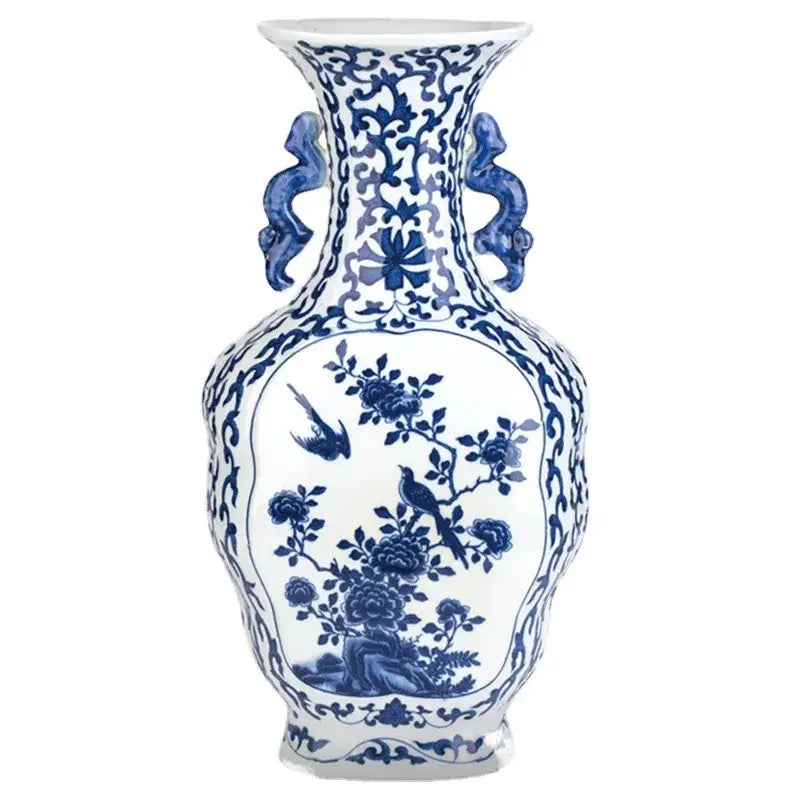 Blue White Porcelain Flower Bird Two Ear Vase Antique Ornaments Jingdezhen