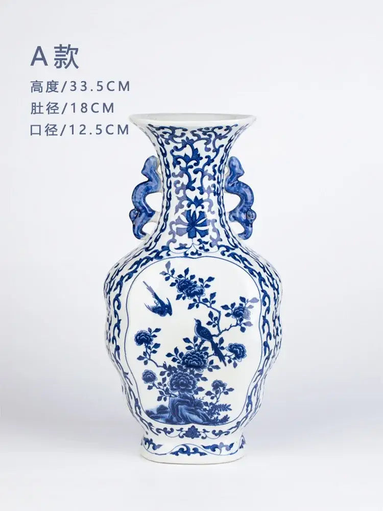 Blue White Porcelain Flower Bird Two Ear Vase Antique Ornaments Jingdezhen