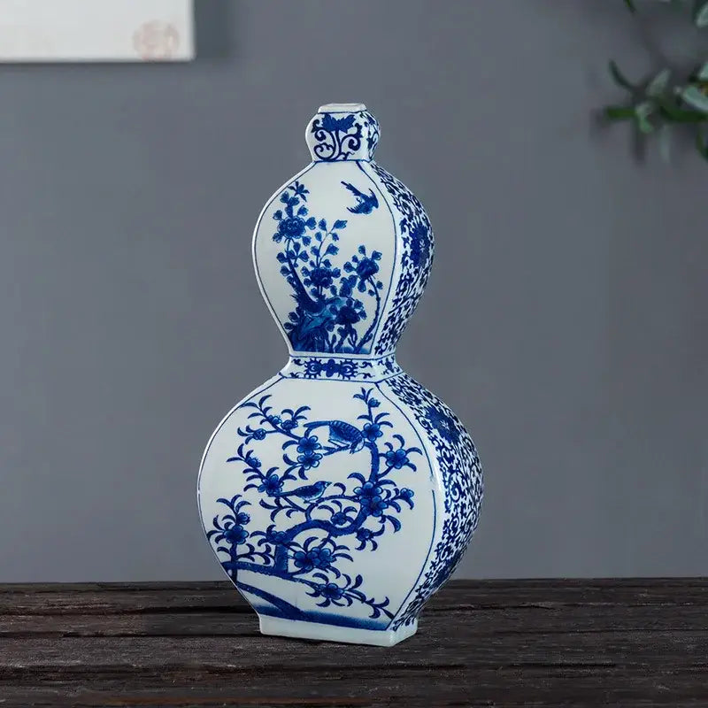 Blue White Porcelain Flower Bird Two Ear Vase Antique Ornaments Jingdezhen