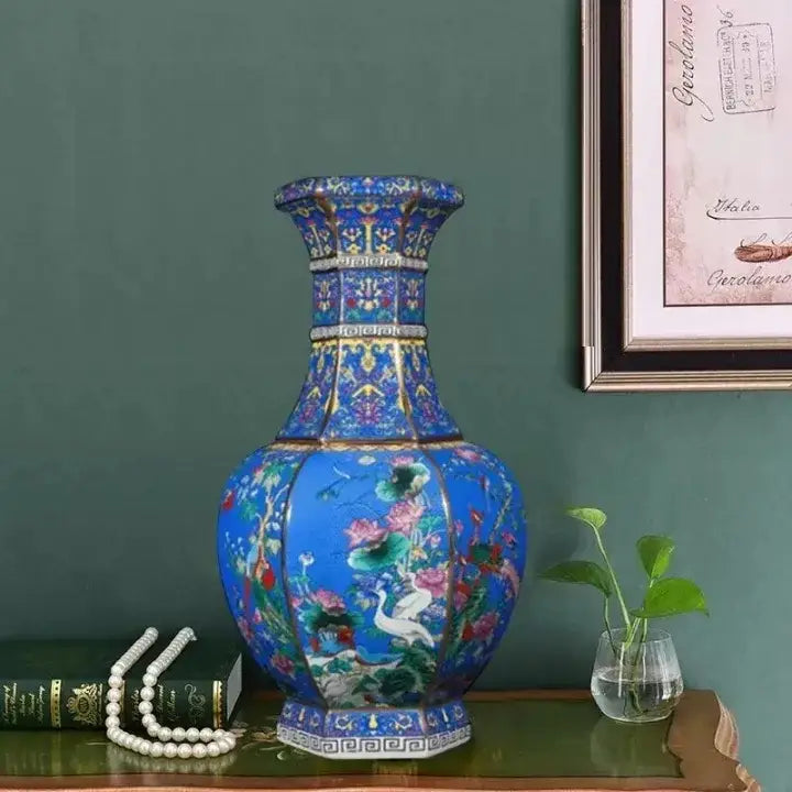 Antique blue & gold floral antique ceramic vase 24cm living room decor