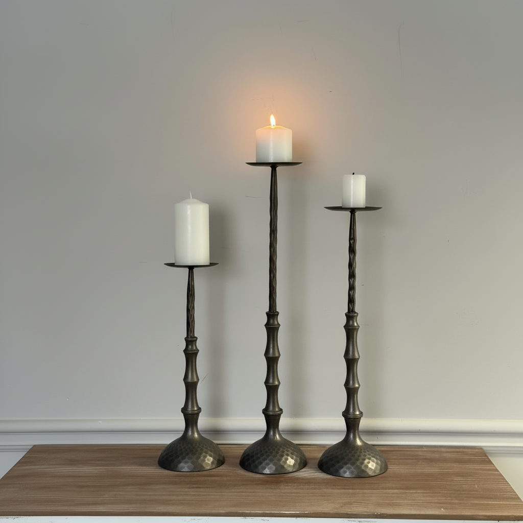Antique Bronze Hammered Metal Candle Holders for Pillar Candles