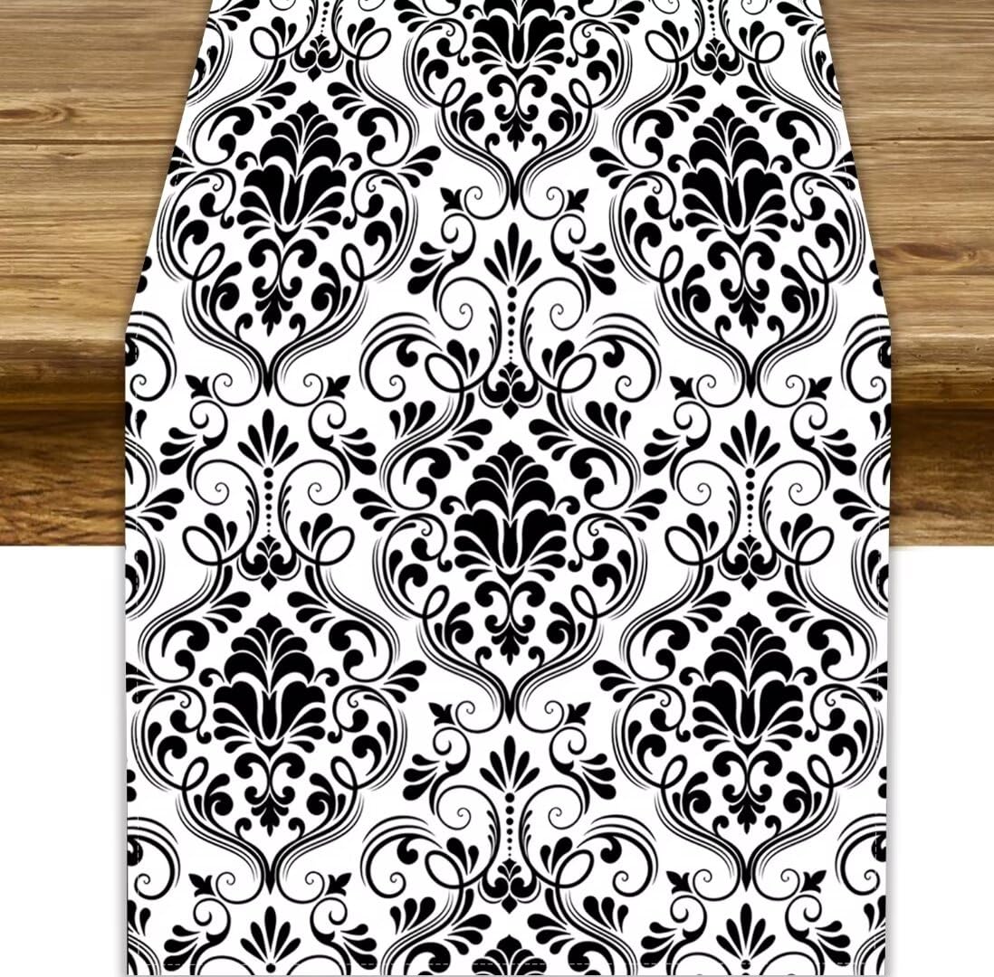 Damask Floral Table Runner – Vintage Black & White