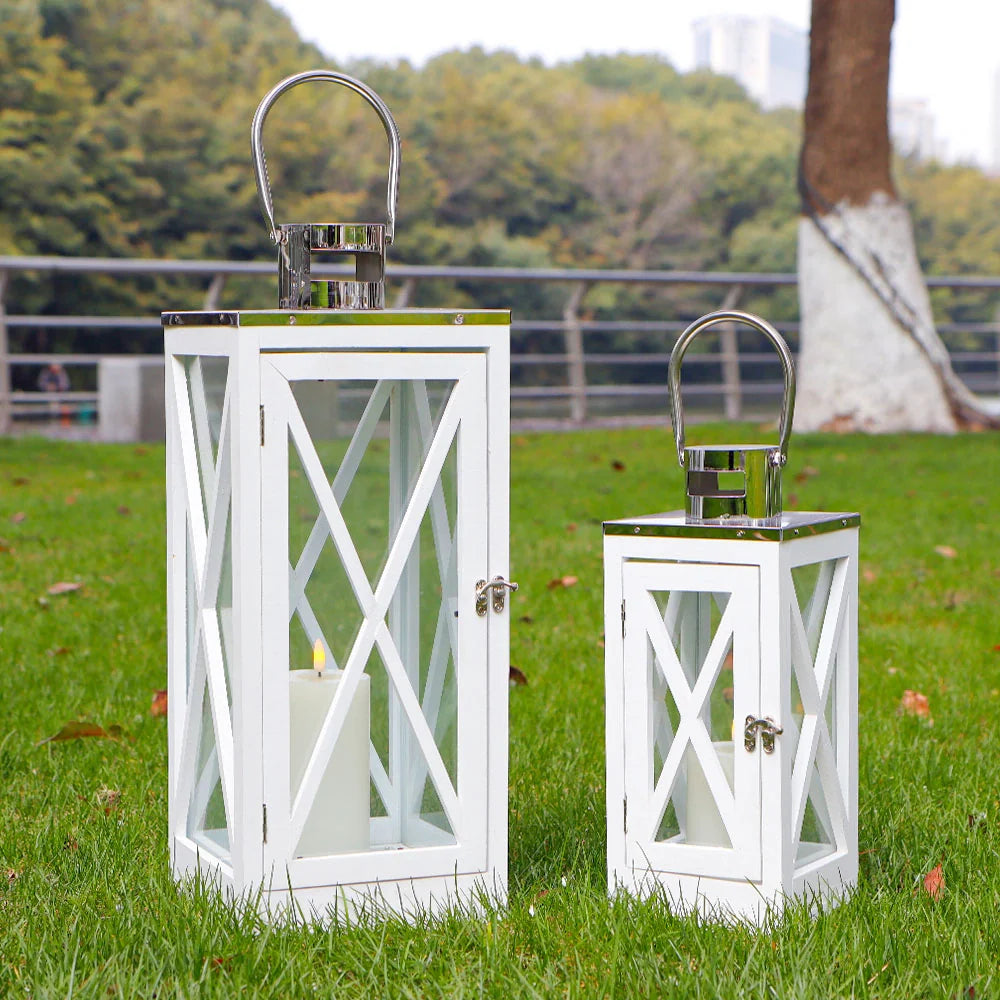 Set of 2 17.5''&24.5'' Farmhouse Wood Lantern (White Rectangle)