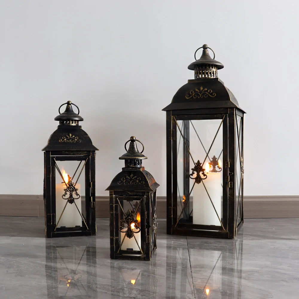 Black Metal Hanging Lanterns — Set of 3 Graduated Sizes