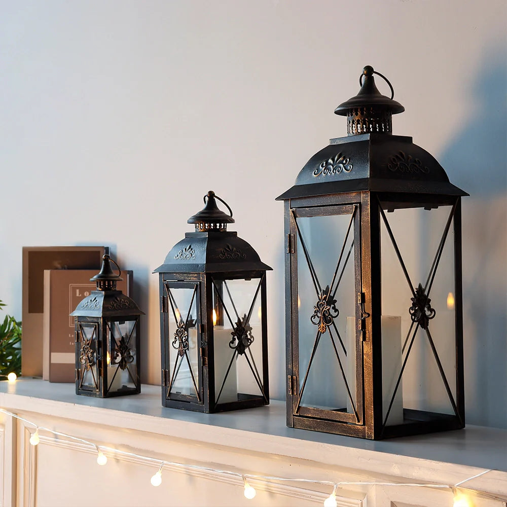 Black Metal Hanging Lanterns — Set of 3 Graduated Sizes