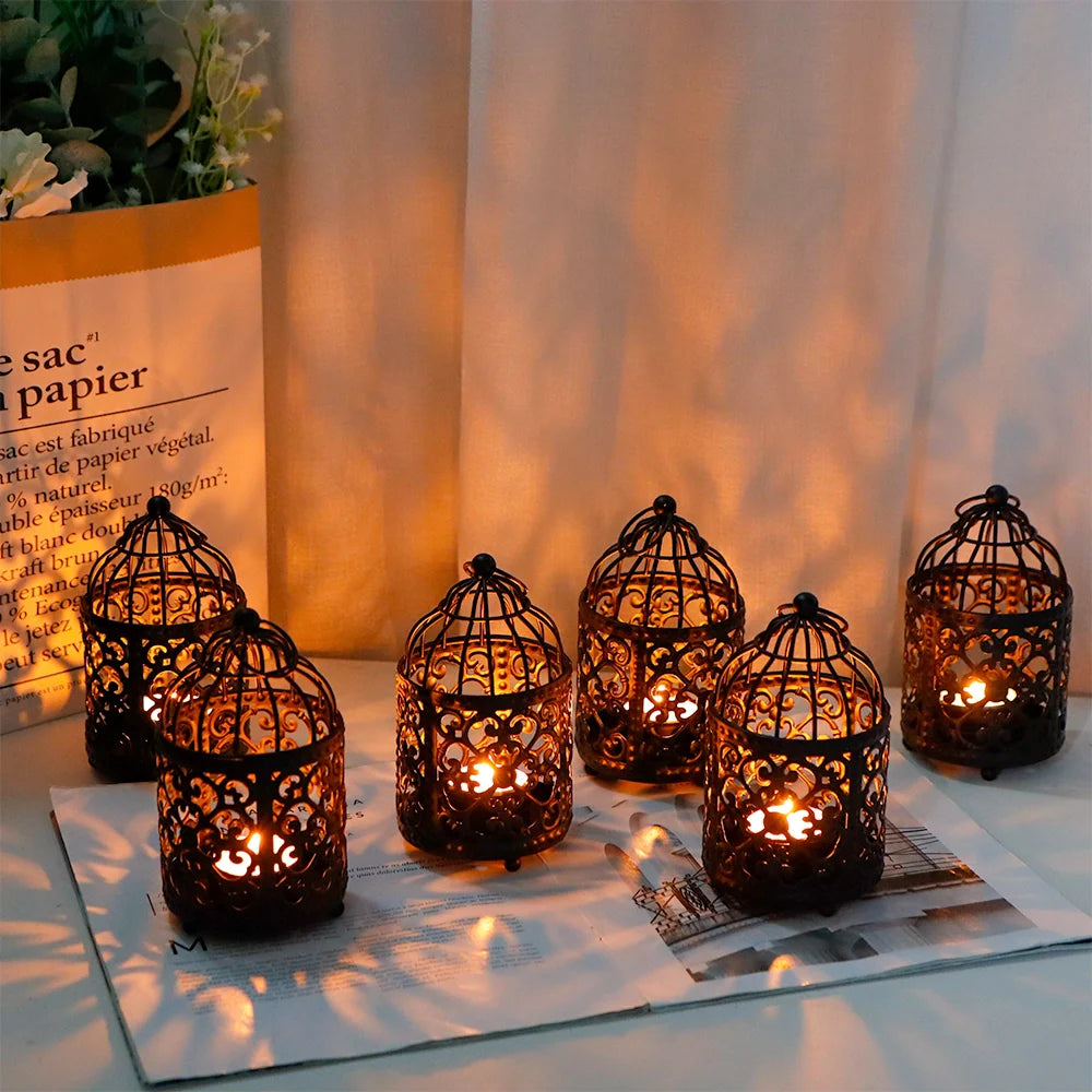 Set of 6 5.5" H Hanging Birdcage Tealight Lantern (Black)