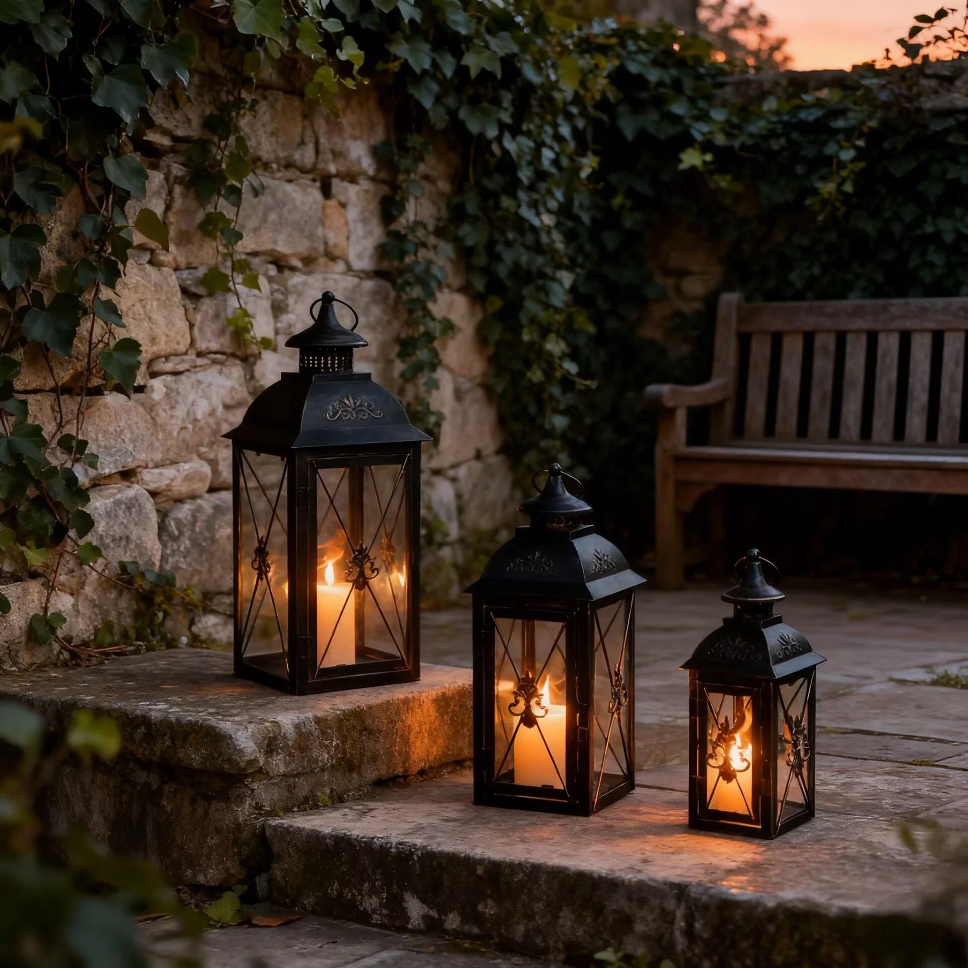 Black Metal Hanging Lanterns — Set of 3 Graduated Sizes