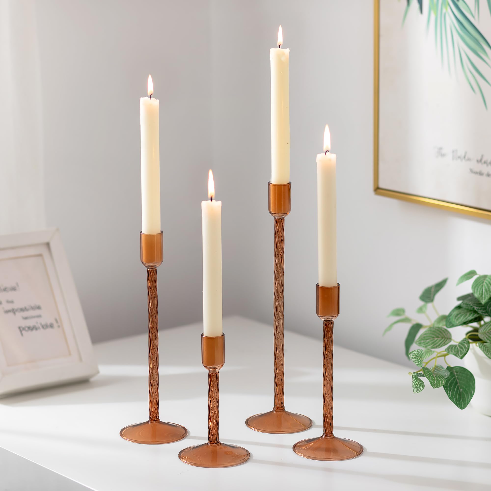 Brown Glass Taper Candle Holders, Set of 4