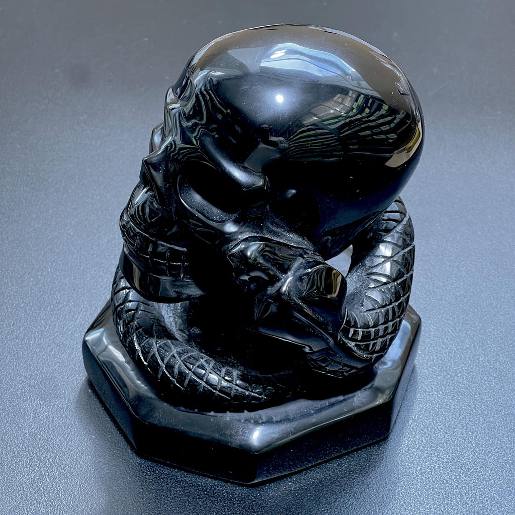Skull & Snake Obsidian Carving — Large Hand-Carved Collectible