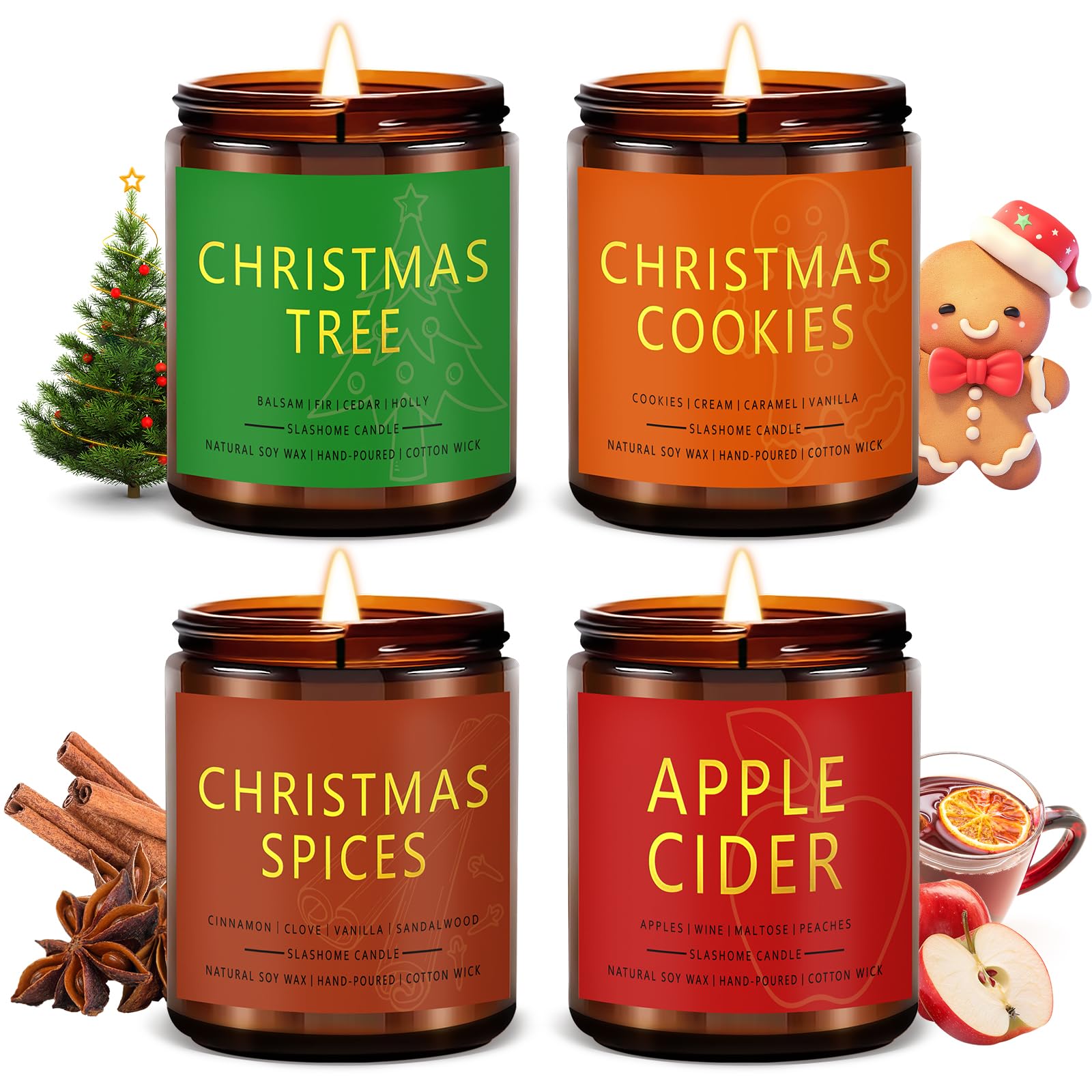 Set of 4 Christmas Scented Soy Candles Christmas Tree/Cookies/Spices/Apple Cider