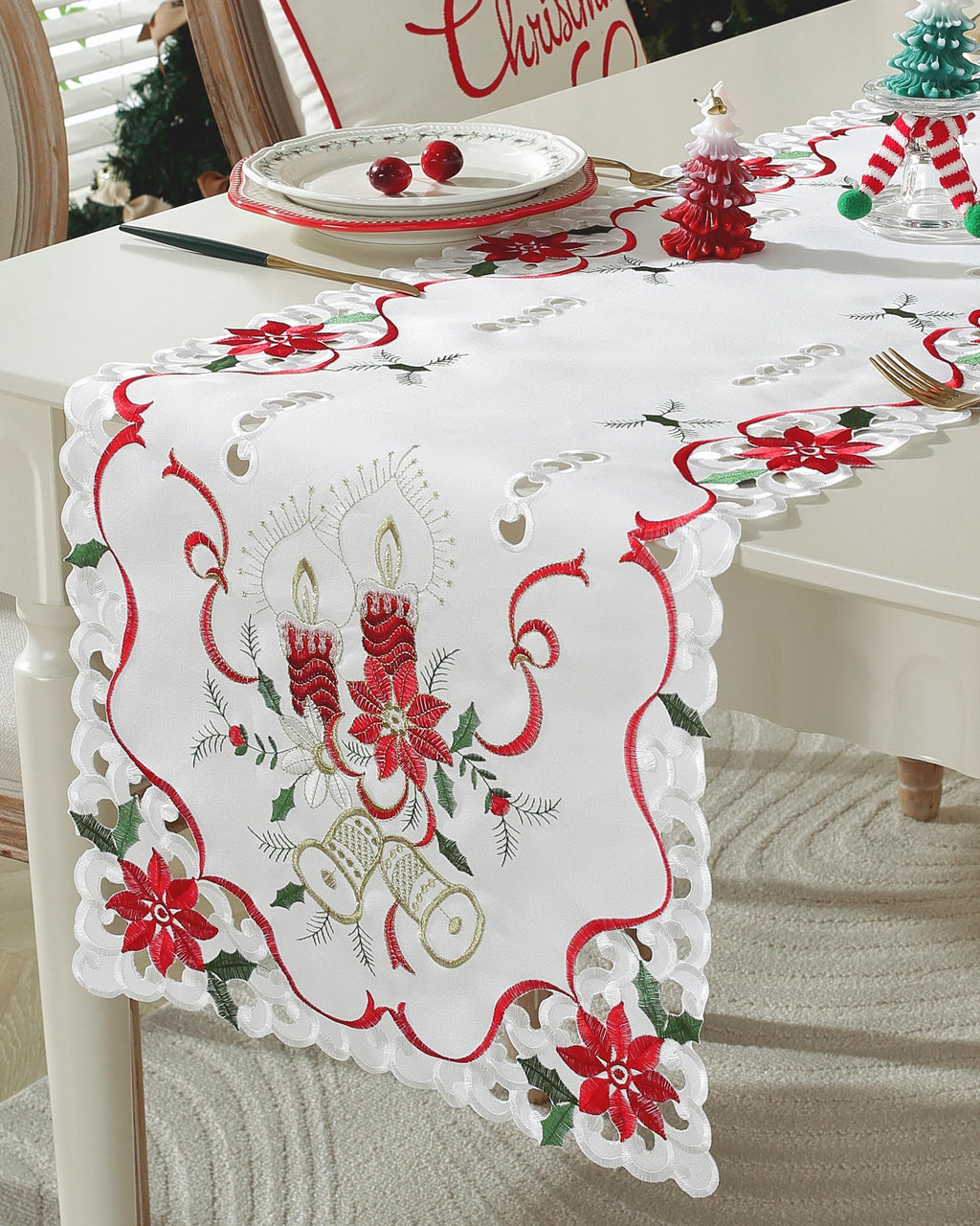 Yuletide Embroidered Table Runner with Holly Leaves, Poinsettia