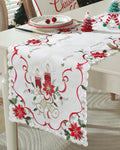 Yuletide Embroidered Table Runner with Holly Leaves, Poinsettia
