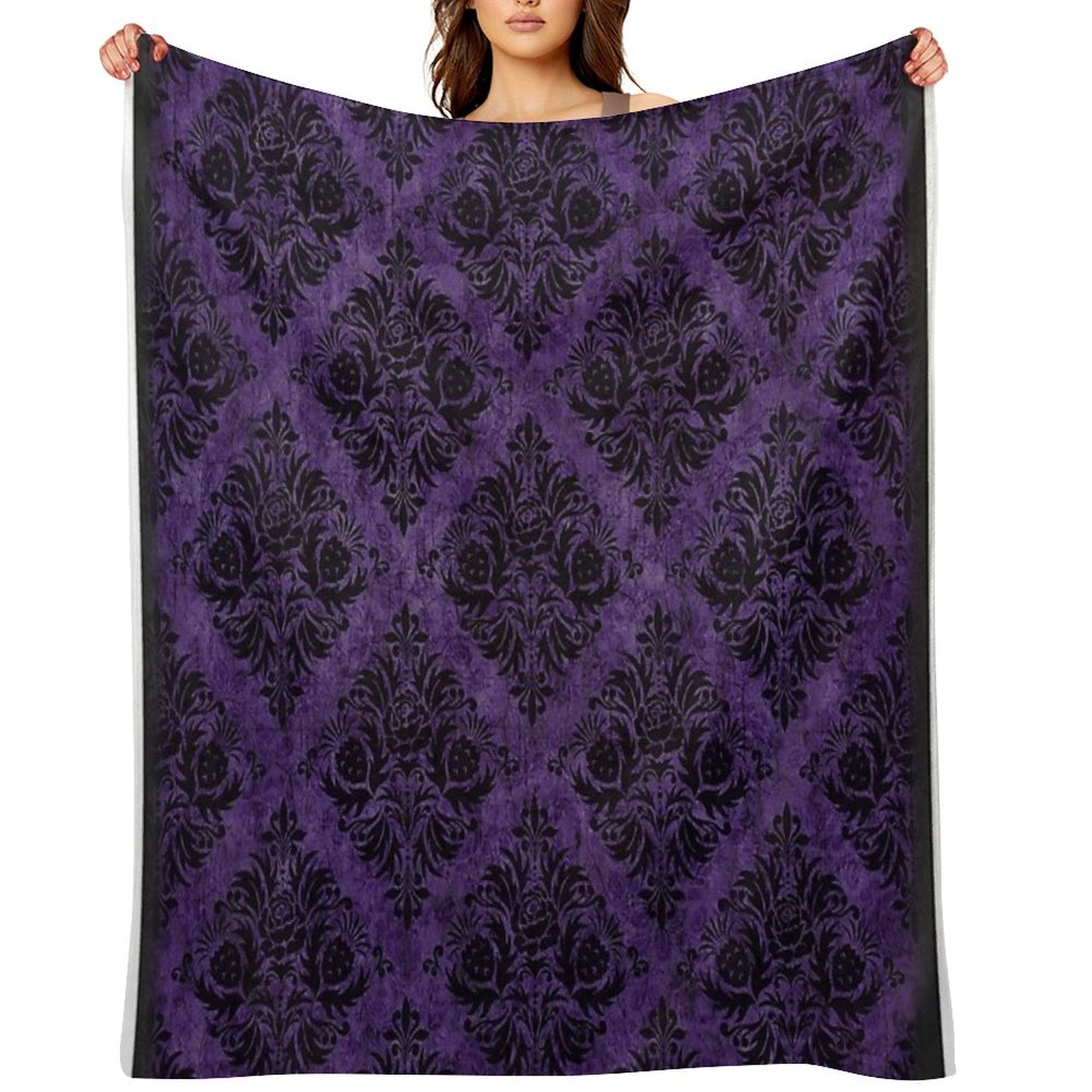 Throw Blanket -Gothic Damask in Purple and Black