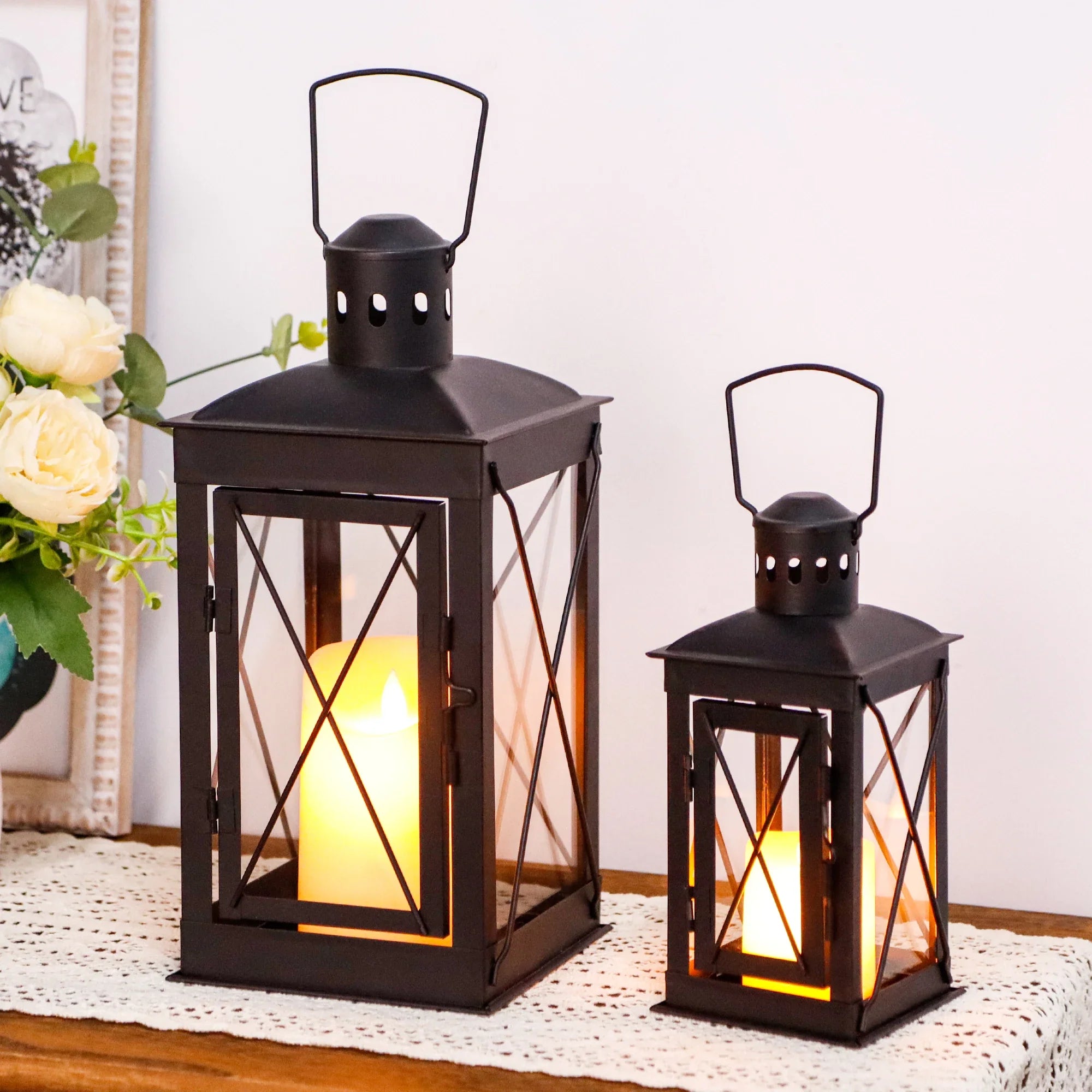 Black Metal & Glass Candle Lanterns — Set of 2