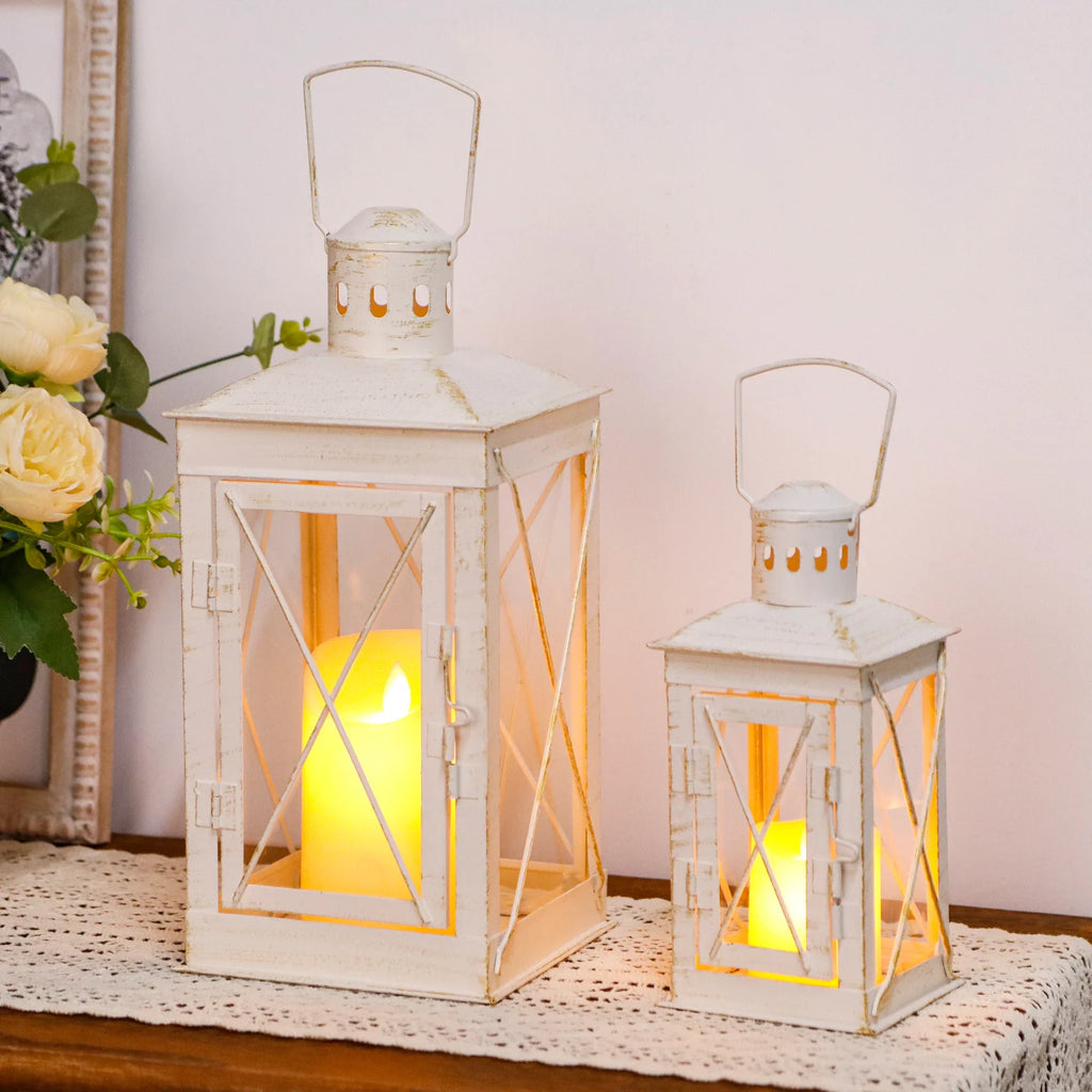 Black Metal & Glass Candle Lanterns — Set of 2