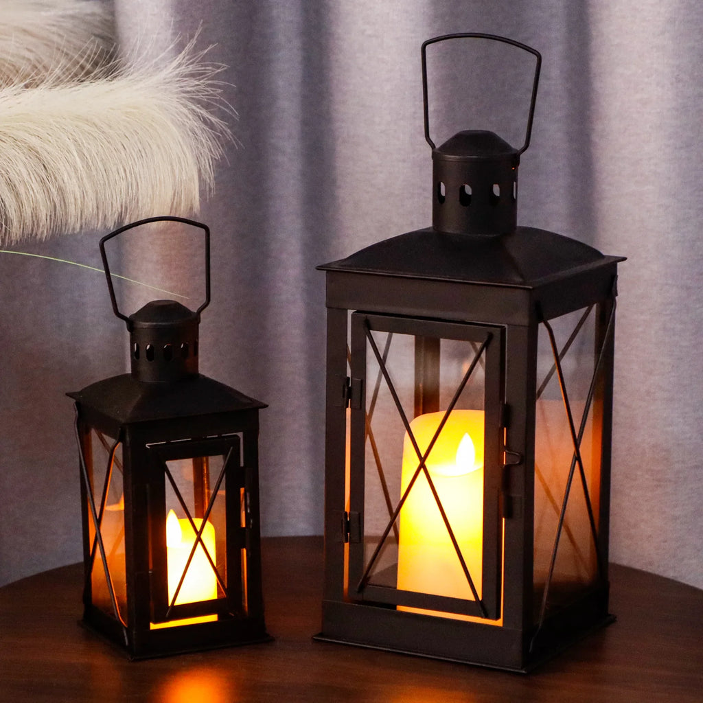 Black Metal & Glass Candle Lanterns — Set of 2