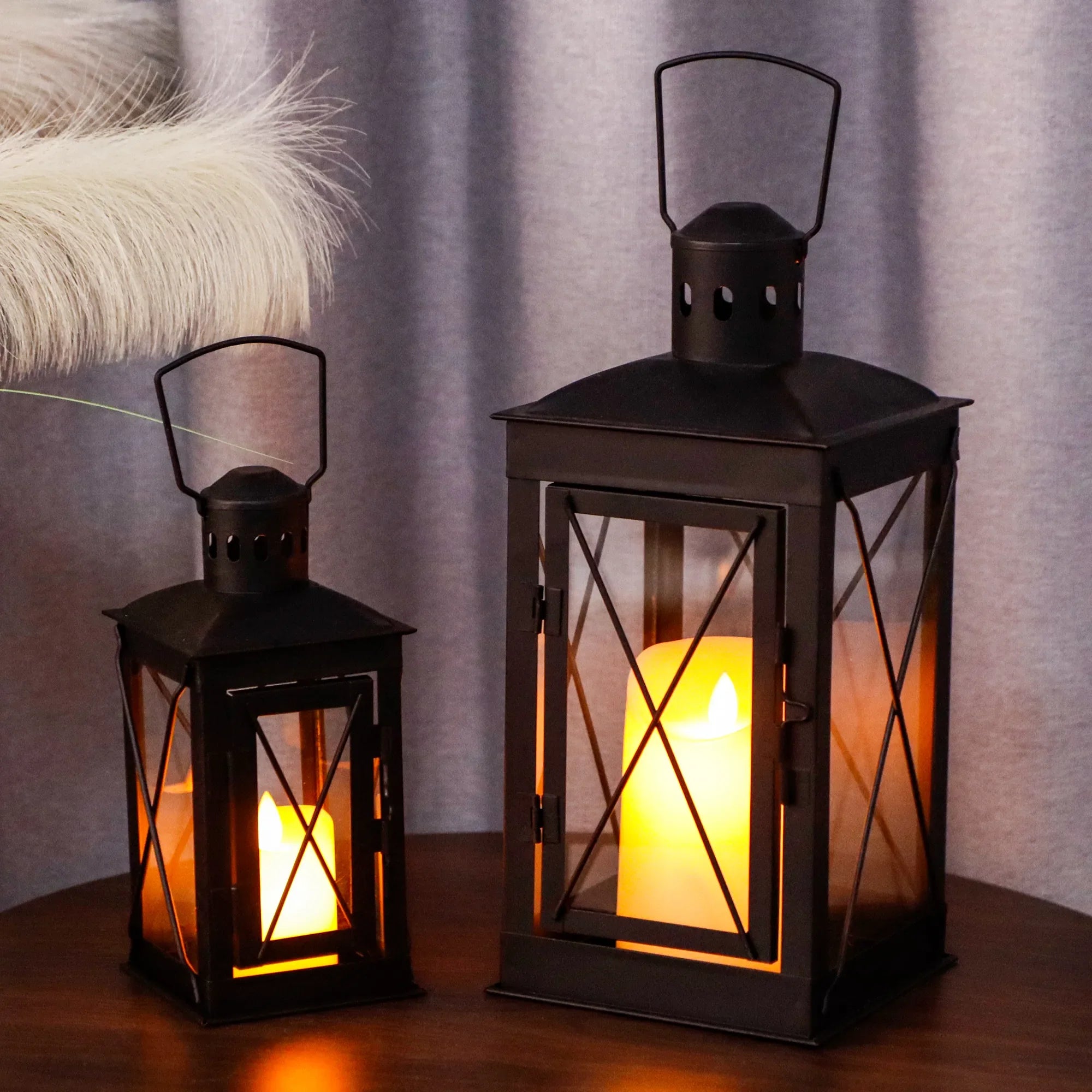 Black Metal & Glass Candle Lanterns — Set of 2