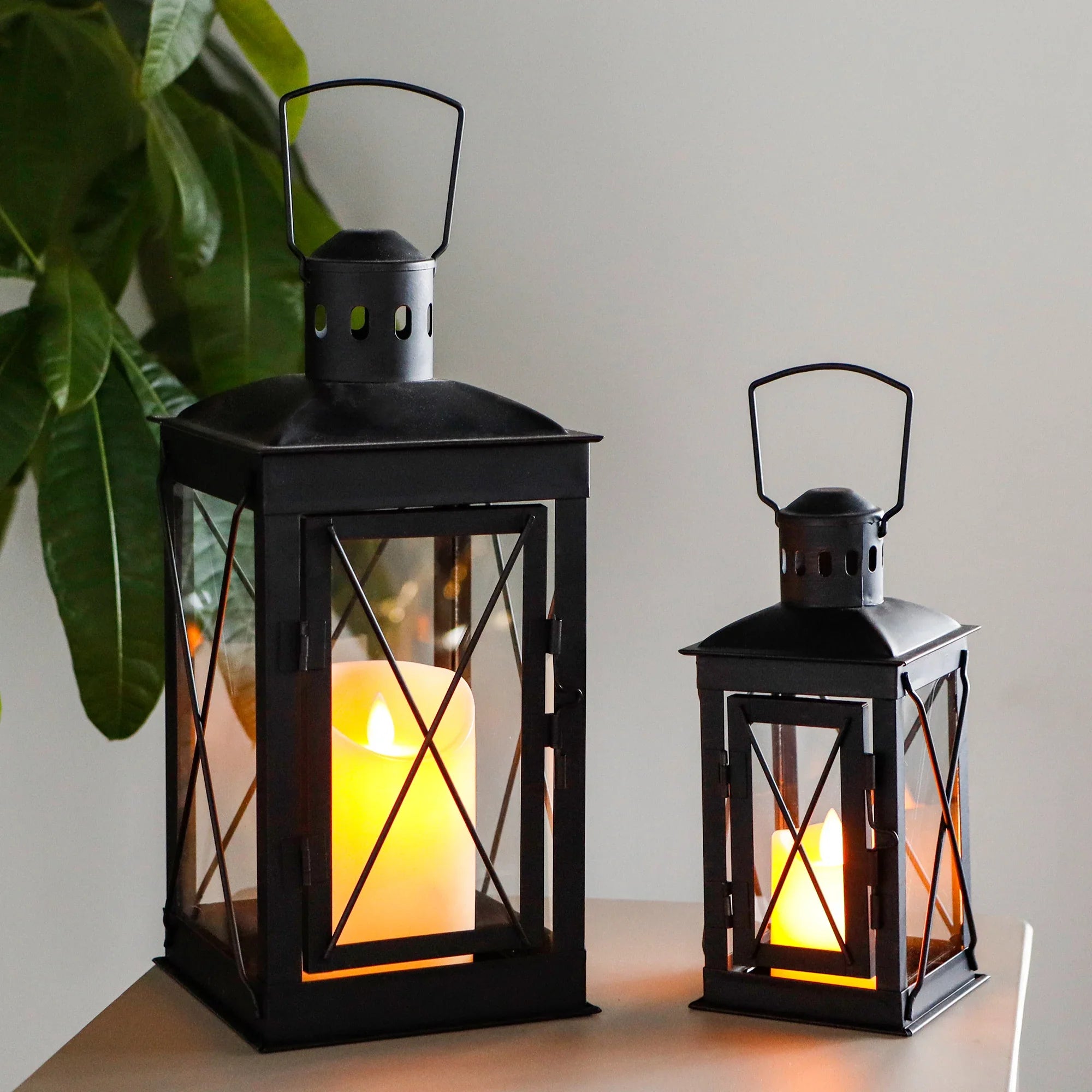 Black Metal & Glass Candle Lanterns — Set of 2