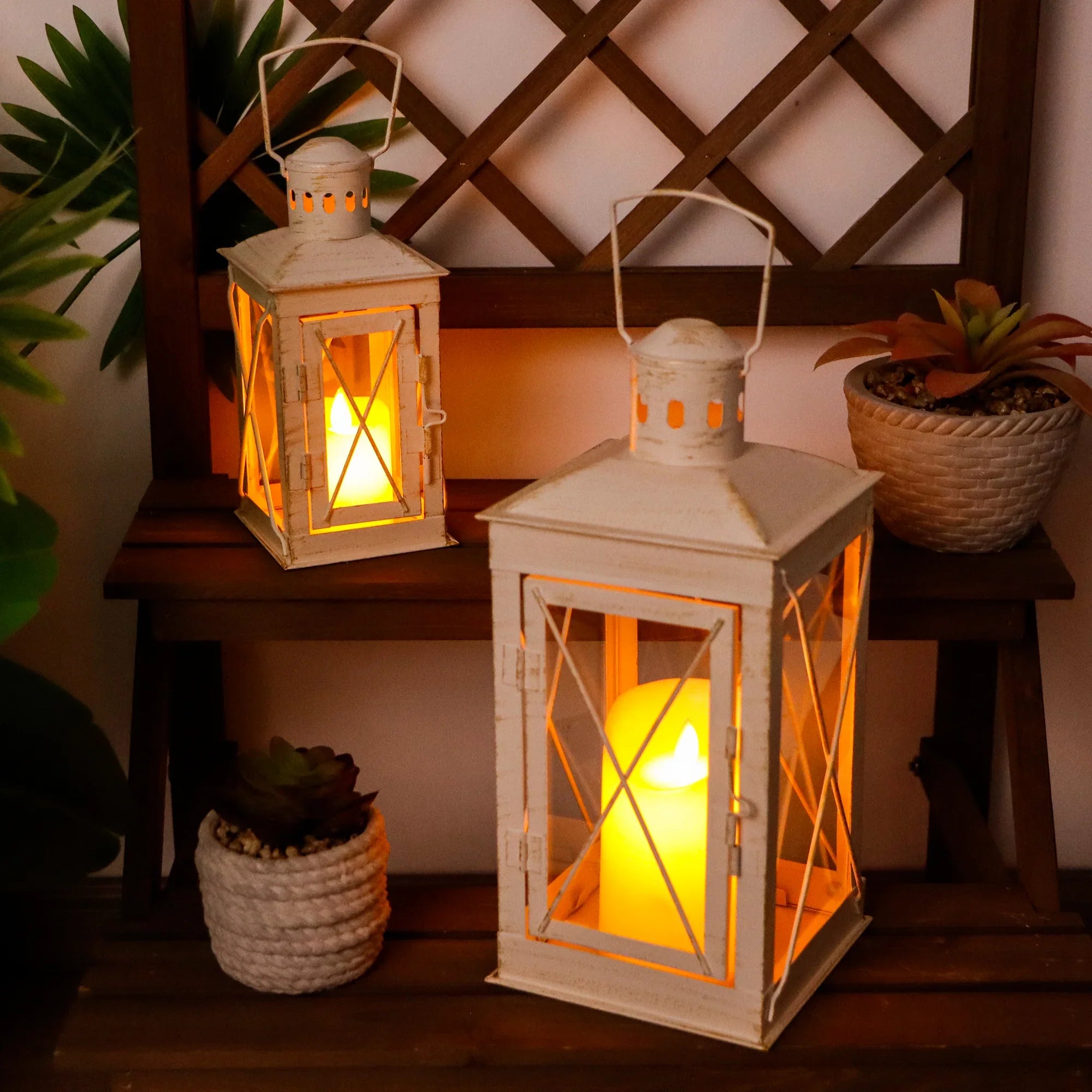 Black Metal & Glass Candle Lanterns — Set of 2