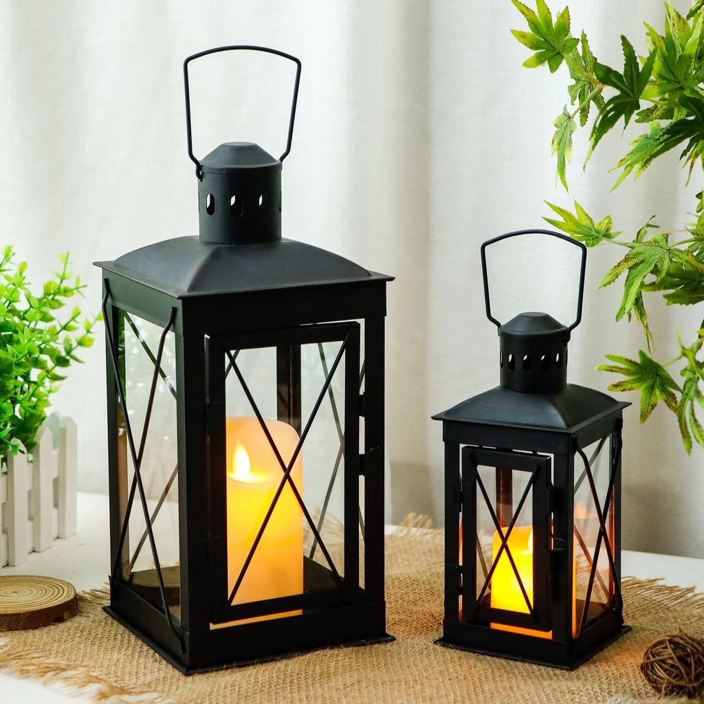 Black Metal & Glass Candle Lanterns — Set of 2